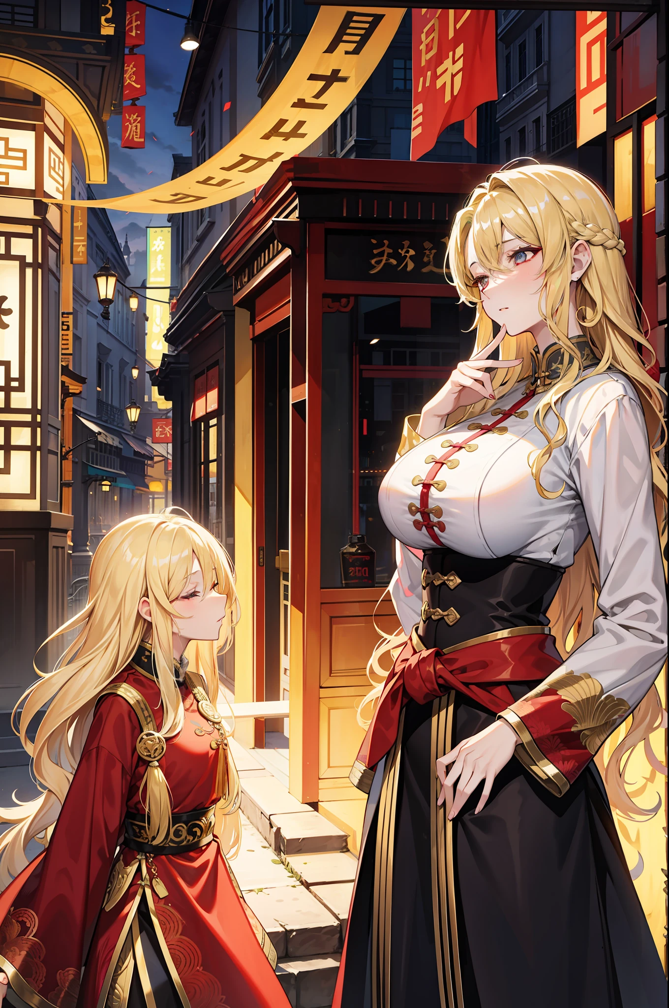 masterpiece,(bestquality),highlydetailed,ultra-detailed,light, in the street, (traditional:0.5), (modern:0.5), elegant, (Chinese qipao:0.8), (vibrant colors:0.7), (flowing silk fabric:0.8), (high collars:0.6), (ornate patterns:0.7), (matching hair accessories:0.6), (embroidered dragons:0.5), (golden accents:0.4), (dragon-inspired jewelry:0.5)mature female,milf,mature,blonde hair, wavy hair with big curls, long hair, ample bosom,,((Cover your eyes with a black strip of cloth)), alluring, French woman