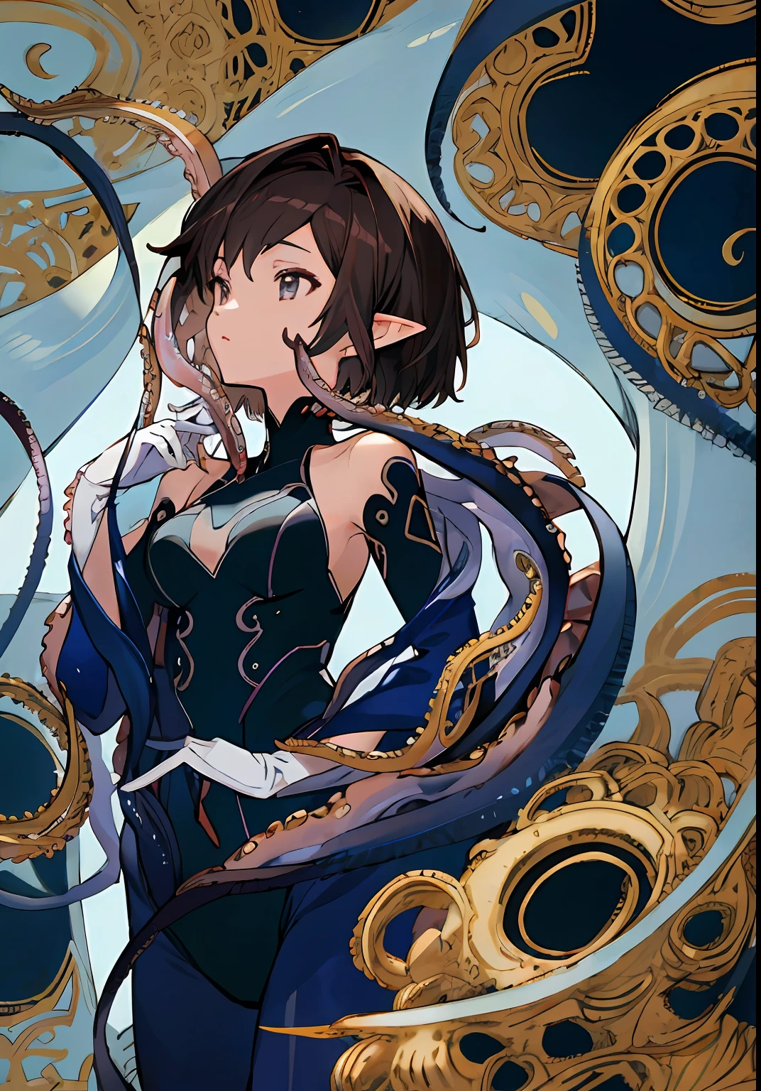 filigree,quality,(best qualtiy),(skin detailed:1.3),(Complicated details),short detailed hair,brunette color hair,Anime comic style,Ray traching,1girl,Look up,21yo,mediuml breasts,,octopus tentacles,Tang suit,pointy ears