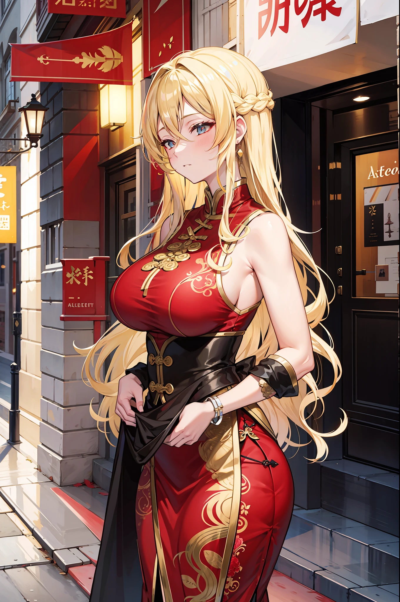 masterpiece,(bestquality),highlydetailed,ultra-detailed,light, in the street, (traditional:0.5), (modern:0.5), elegant, (Chinese qipao:0.8), (vibrant colors:0.7), (flowing silk fabric:0.8), (high collars:0.6), (ornate patterns:0.7), (matching hair accessories:0.6), (embroidered dragons:0.5), (golden accents:0.4), (dragon-inspired jewelry:0.5)mature female,milf,mature,blonde hair, wavy hair with big curls, long hair, ample bosom,,((Cover your eyes with a black strip of cloth)), alluring, French woman
