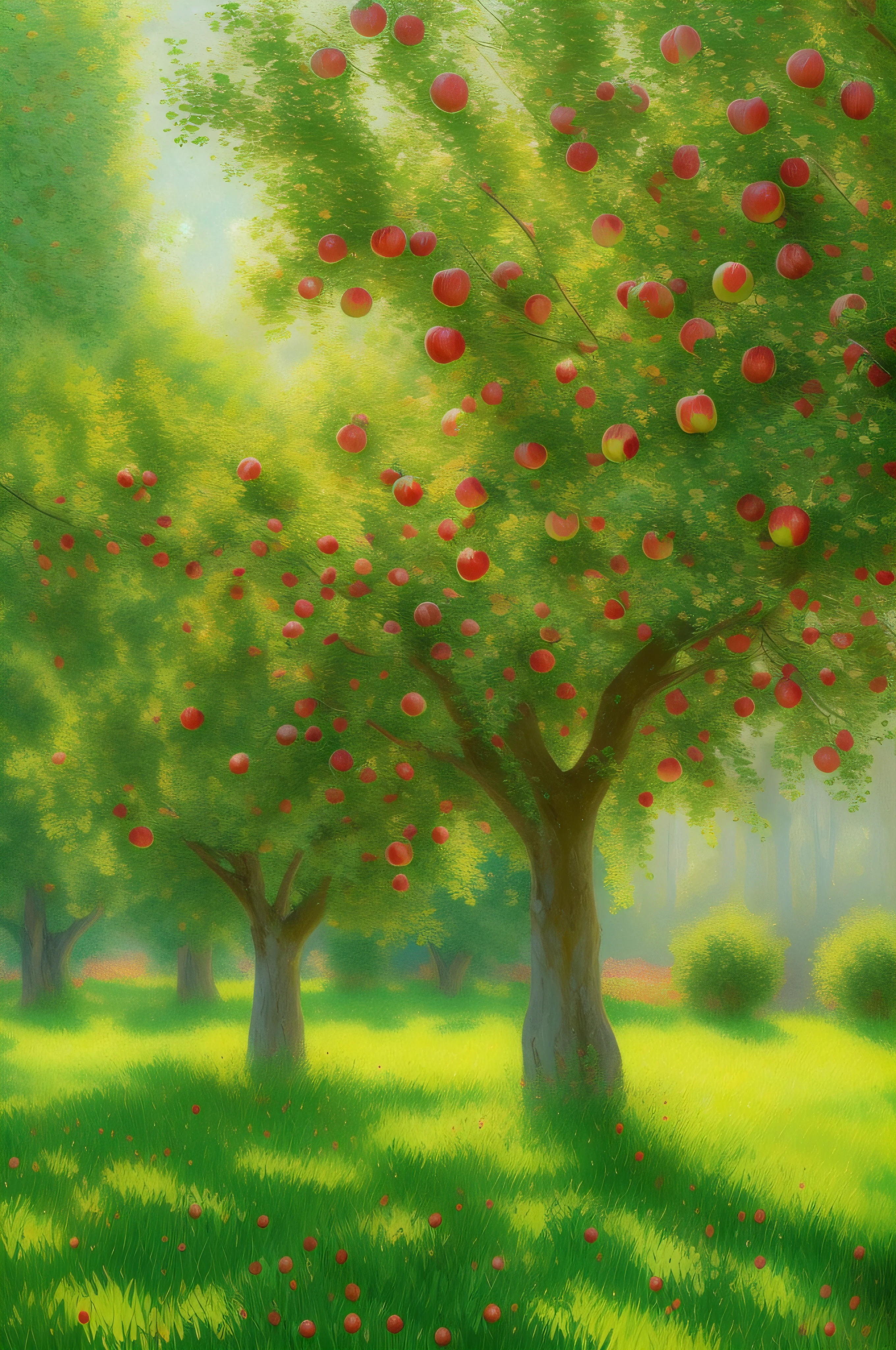 full shot, a picturesque lawn and a columnar apple tree all covered with ripe red apples under the apple tree a lot of apples on green grass, bright sun rays shine from above on the left, super high quality, super high detail, super sharp focus, art station, claude monet style