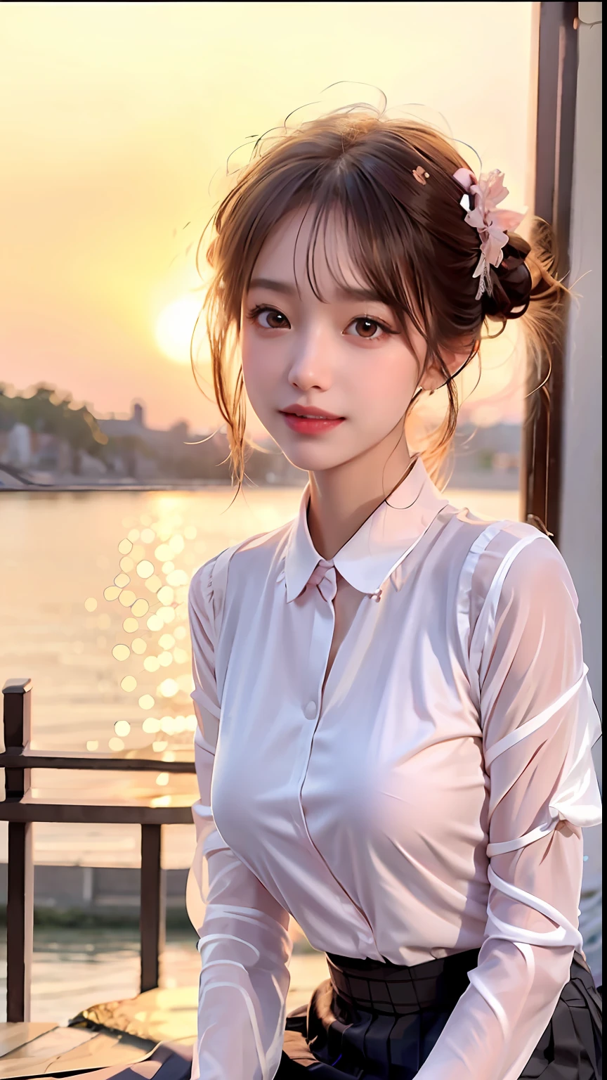 (8k, RAW photos, top quality, masterpieces: 1.2), (realistic, photorealistic: 1.37), super detailed, 1 girl, cute, solo, beautiful details sky, more cafe, night, sitting, dating, (blush), (smile: 1.1), (closed mouth), medium breasts, beautiful detail eyes, (collared shirt: 1.1), bow tie, pleated skirt, (short hair: 1.2) , floating hair