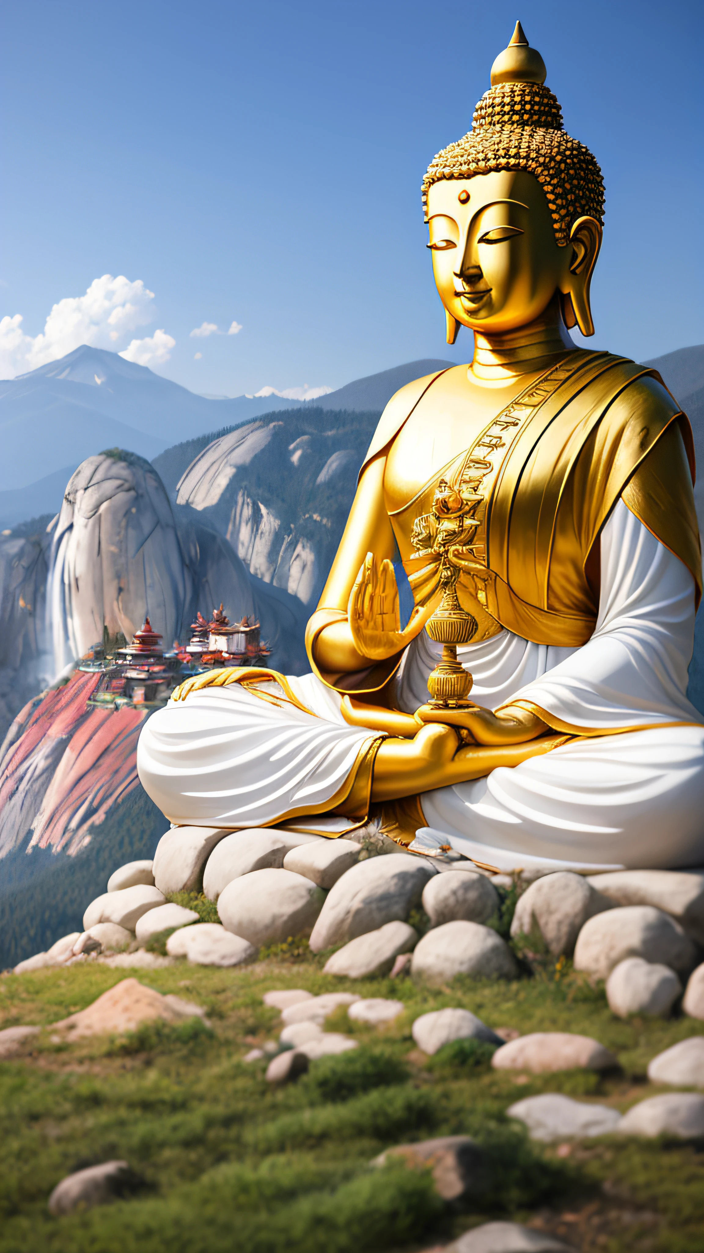 There is a huge statue on the mountain, Buddha, Buddhism, Buddhist, a Buddhist Buddha, Beautiful image, Beautiful view, monk, bhutan, inspiring, Meditation, center of image, laos, Far view, monk meditation, A picture, enlightening, high quality image”, Beautiful, buddhist monk, buddhist art, yosemite, gold, Enlightened, rising from mountain range