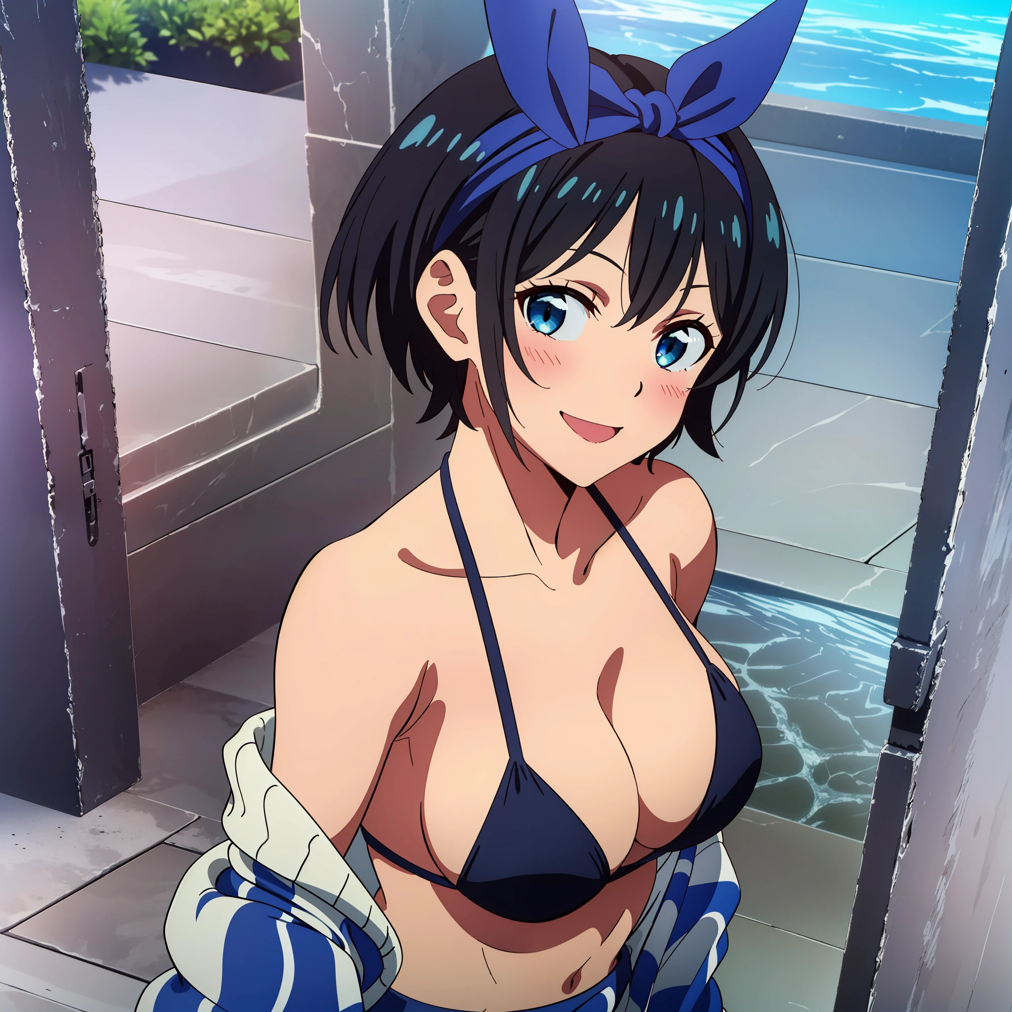 1girl, solo, Sarashina Ruka, black hair, blue hairband, hair blue ribbon, short hair, blue eyes, masterpiece, best quality, black bikini, large breasts, sea, happy, smile