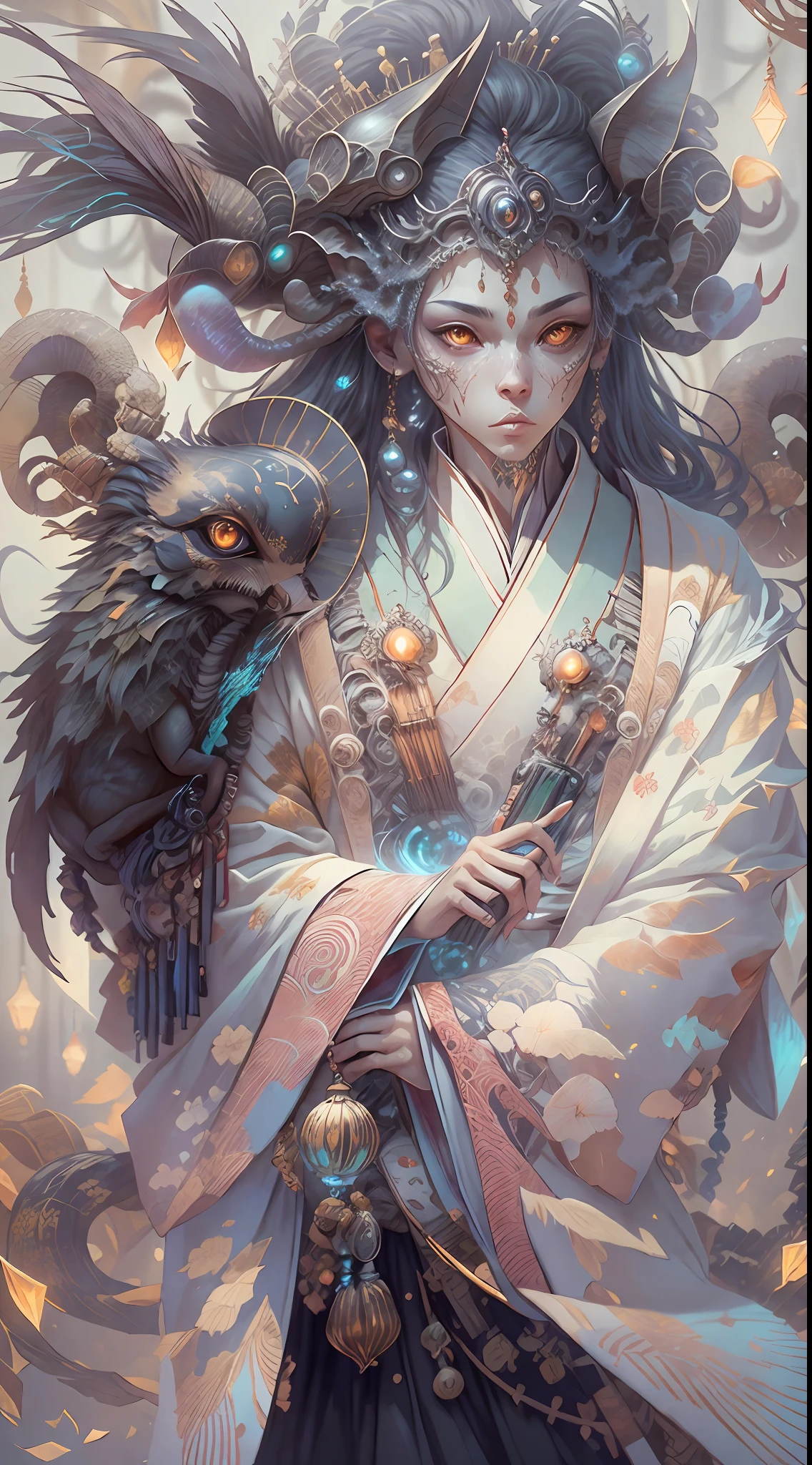 3D young and handsome((Male aristocracy))Close up - portrait with crown,Wear a ram skull。Beautiful intricate Japanese crow, fox mask and crumbs Japanese kimono。a betta fish, jellyfish pheonix, Bio-luminescence, plasma, icey, Eau, ventania, organism, Wu Ya and WLOP and works of art by Bippel and Greg Rutkowski, creature00d, (Amber theme:0.7), mtu, mathematician,