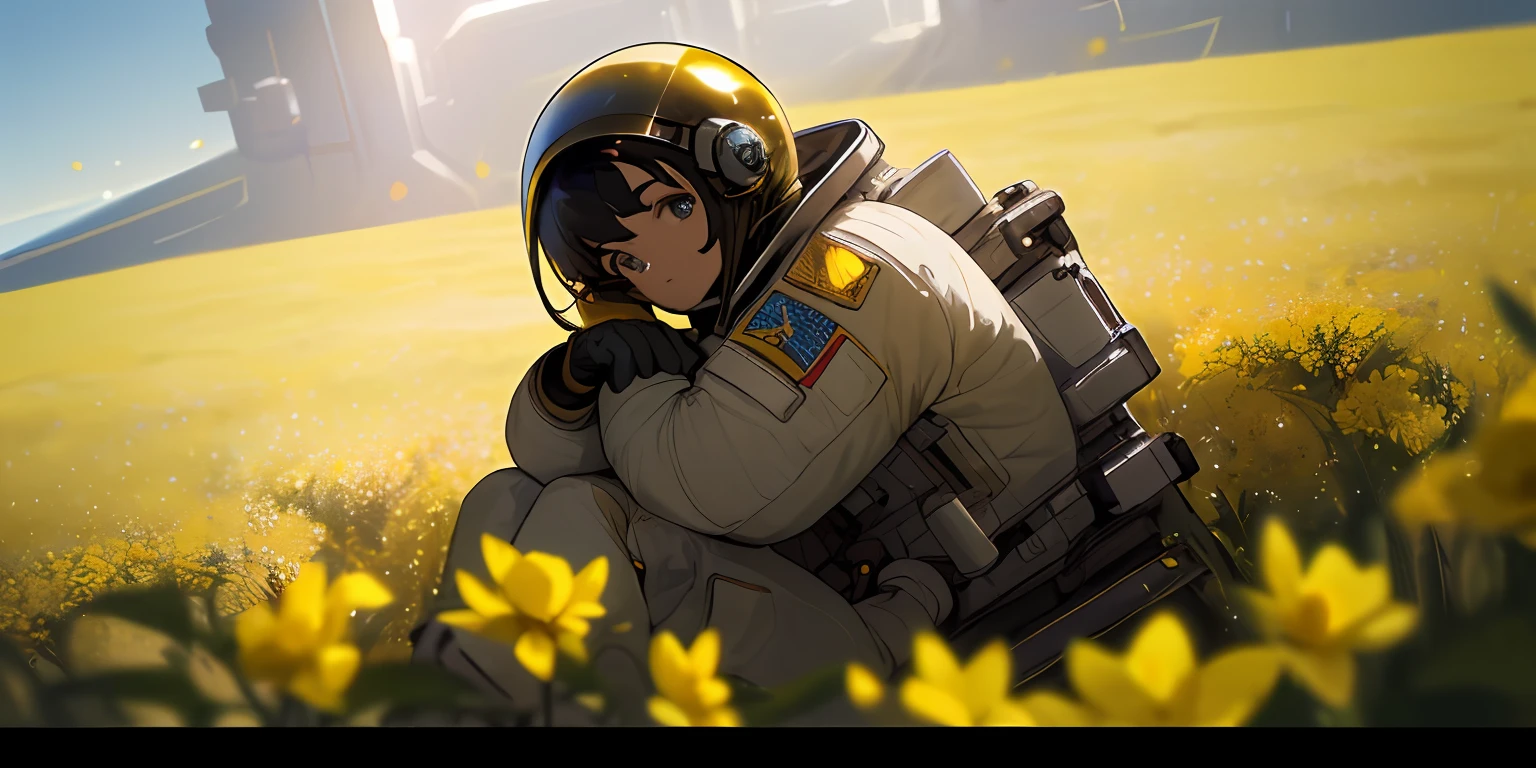 (masterpiece, best quality),cinematic composition, letterboxed, depth of field, solo focus, astronaut sitting in a field of yellow flowers with resting on the ground, gloves, yellow flower, black gloves, spacesuit, science fiction, sunlight, black hair, blue eyes, looking at viewer