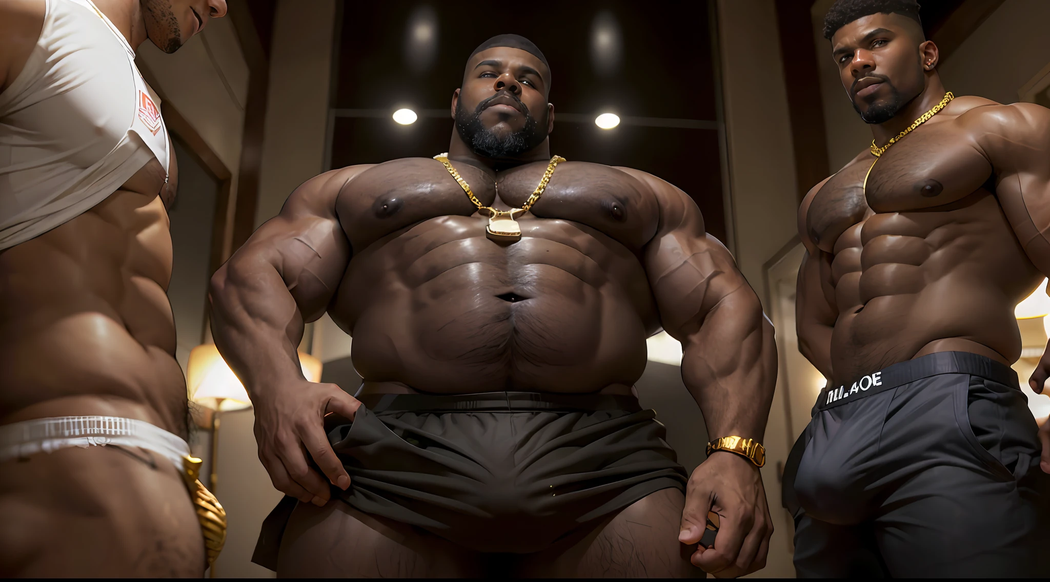 Group of nude 18 years old black men, absurdly huge bulge, swimwear, beard, chubby, broad shoulders, thick lips, vascular, ((very dark skin)), (black skin), very sweaty, huge belly, thick thighs, fat, very thick arms, hanging pecs, large , smirk, chubby face, tattoo, thug, gold jewelry, heavy gold chain, romantic, blushing, veiny hands, photorealistic, romantic, dreadlocks, looking at viewer, from below, hairy body, arm hair, standing in hotel room, group of young black men, multiple black men standing together, topless, all looking at viewer,