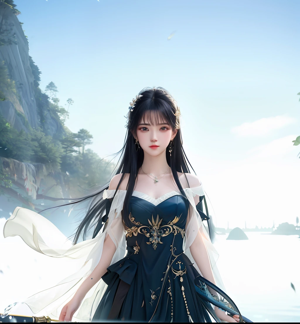 best quality,masterpiece,highres,cg,
1girl,weapon,sword,long hair,dress,water,solo,jewelry,white dress,earrings,hair ornament,splashing,upper body,hair bun,black hair,
lighting,candid,Photograph,high resolution,4k,8k,Bokeh,