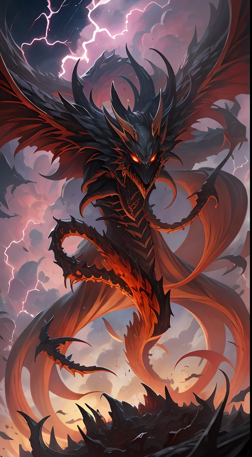 （A messenger of hell covered in scales：1.4），The whole body was wrapped in fiery red flames，The long hairs of the flame fluttered in the wind，（（Super huge, Thick and sharp giant claws）），（The whole body is covered with black scales：1.5），The scales are covered with thick barbs，Super thick and terrifying scales，Reflective scales，Bloodthirsty and murderous devil man，（combats：1.4），Ugly face，closeup cleavage，Lightning streaked across the sky，A tumbling thick sea of clouds is at your feet，（blood pond），（（Blood dripped from between the paws）），（stereoscopic perspective：1.4），Works of masters，super-fine，4K分辨率，high qulity，电影灯光，High picture detail，Detailed pubic hair，Epic shooting