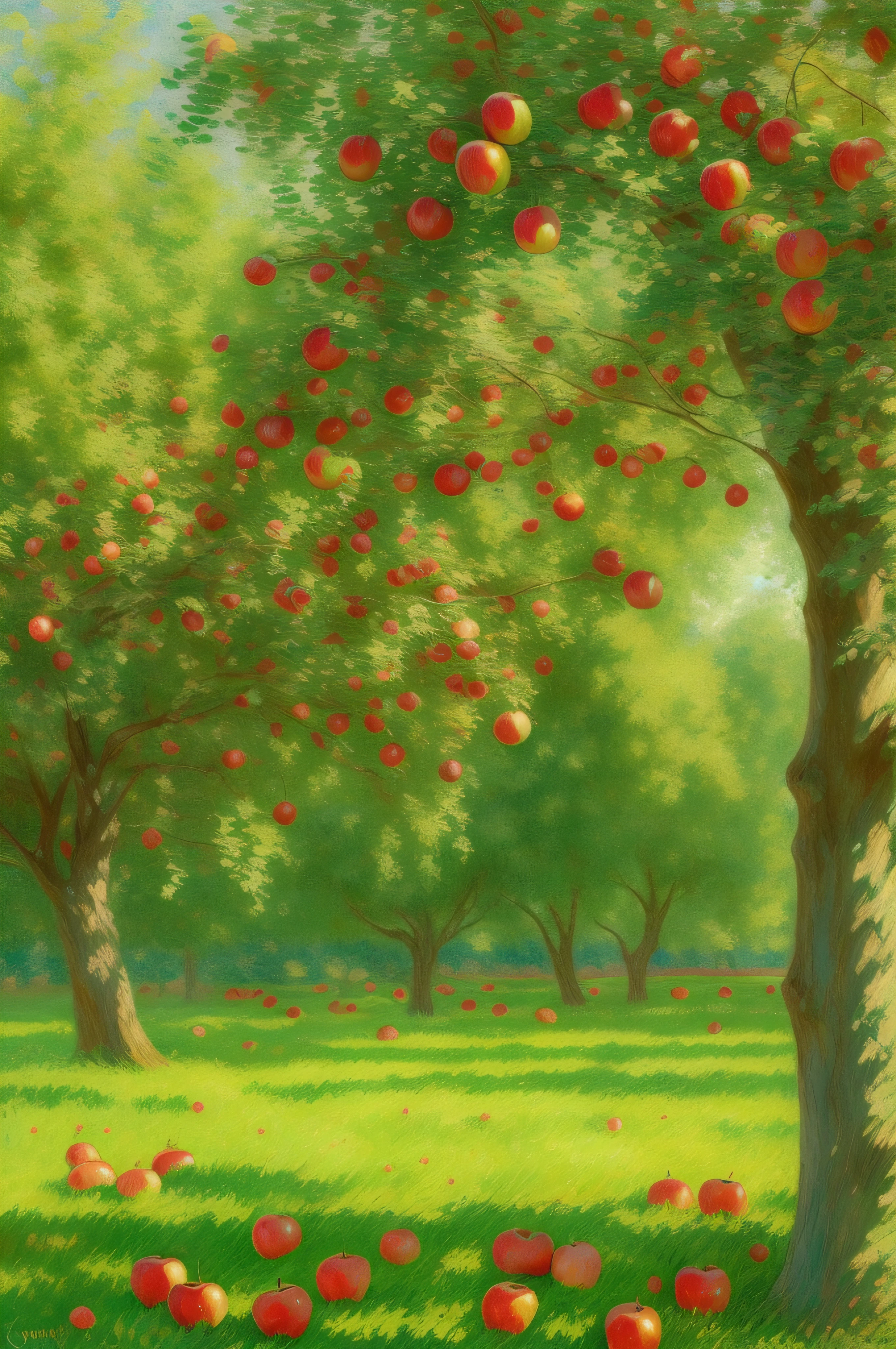 full shot, a picturesque lawn and a columnar apple tree all covered with ripe red apples under the apple tree a lot of apples on green grass, bright sun rays shine from above on the left, super high quality, super high detail, super sharp focus, art station, claude monet style