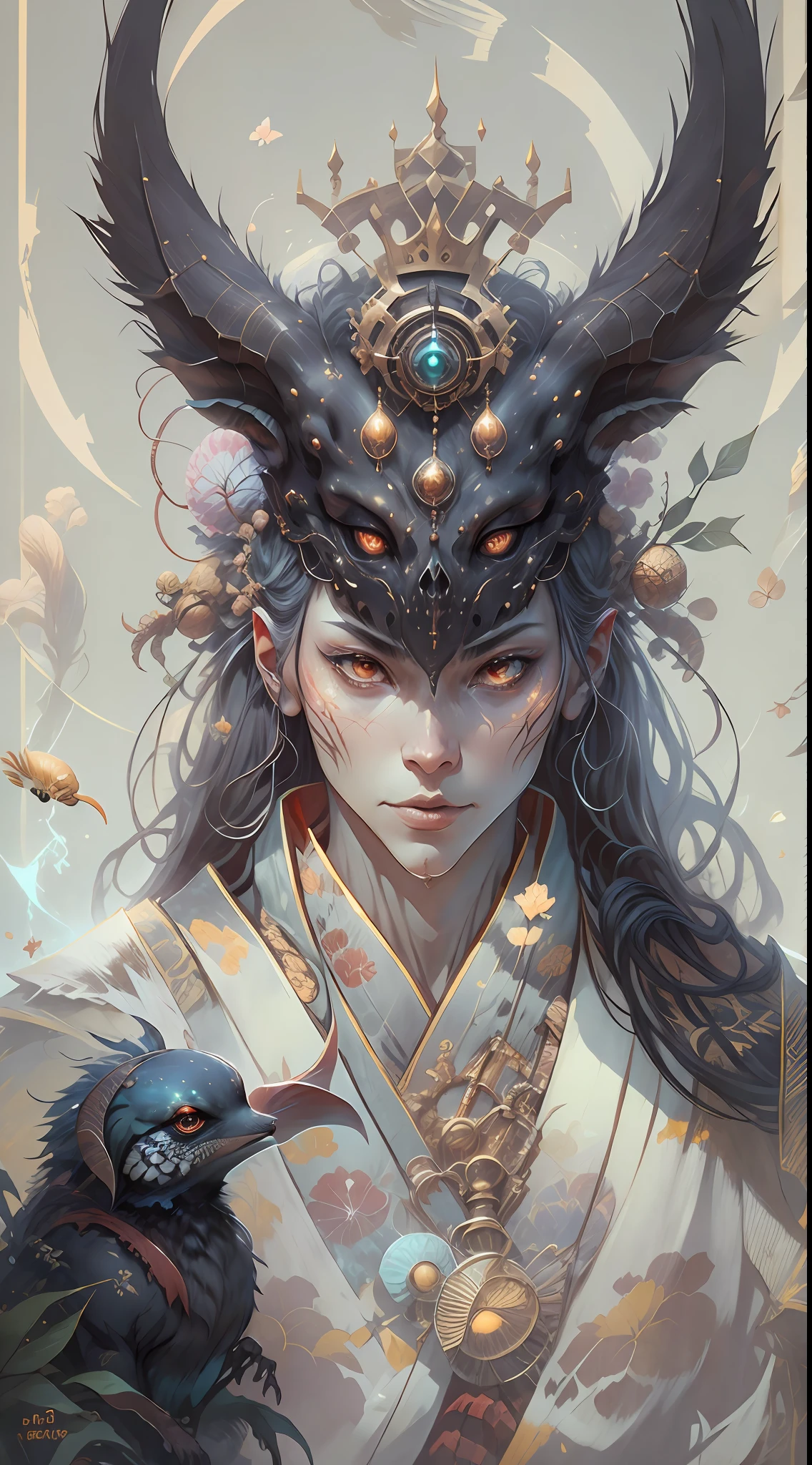 3D young and handsome((Male aristocracy))Close-up - portrait with a crown，Wear a ram skull。Beautiful and complex Japanese crow, Fox mask and breadcrumbs Japanese kimono。a betta fish， jellyfish pheonix， Bio-luminescence， Plasma， icey， Eau， ventania， organism， Wu Ya and WLOP and artwork by Bippel and Greg Rutkowski, creature00d, (Amber theme:0.7), mtu, mathematician,