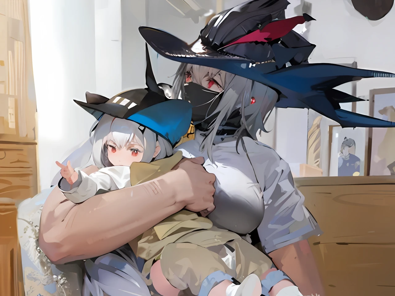 hyper-detailing,anime big breast,Illustration: Arad man holding a white-haired girl from the Ark of Tomorrow, 2d anime, From Arknights