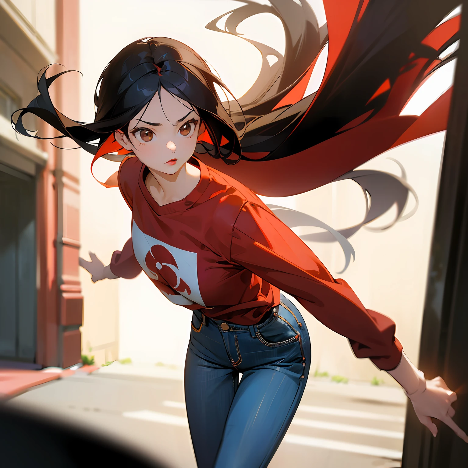 Anime, 1girl, (masterpiece), best quality, expressive eyes, perfect face, young adult, asian, black hair, hair length till shoulders, brown eyes, red lips, light red long sleeved tshirt, skinny denim trousers, elegant, clear focus, shot by greg rutkowski, soft lighting, vibrant colors, ((street)), dynamic pose