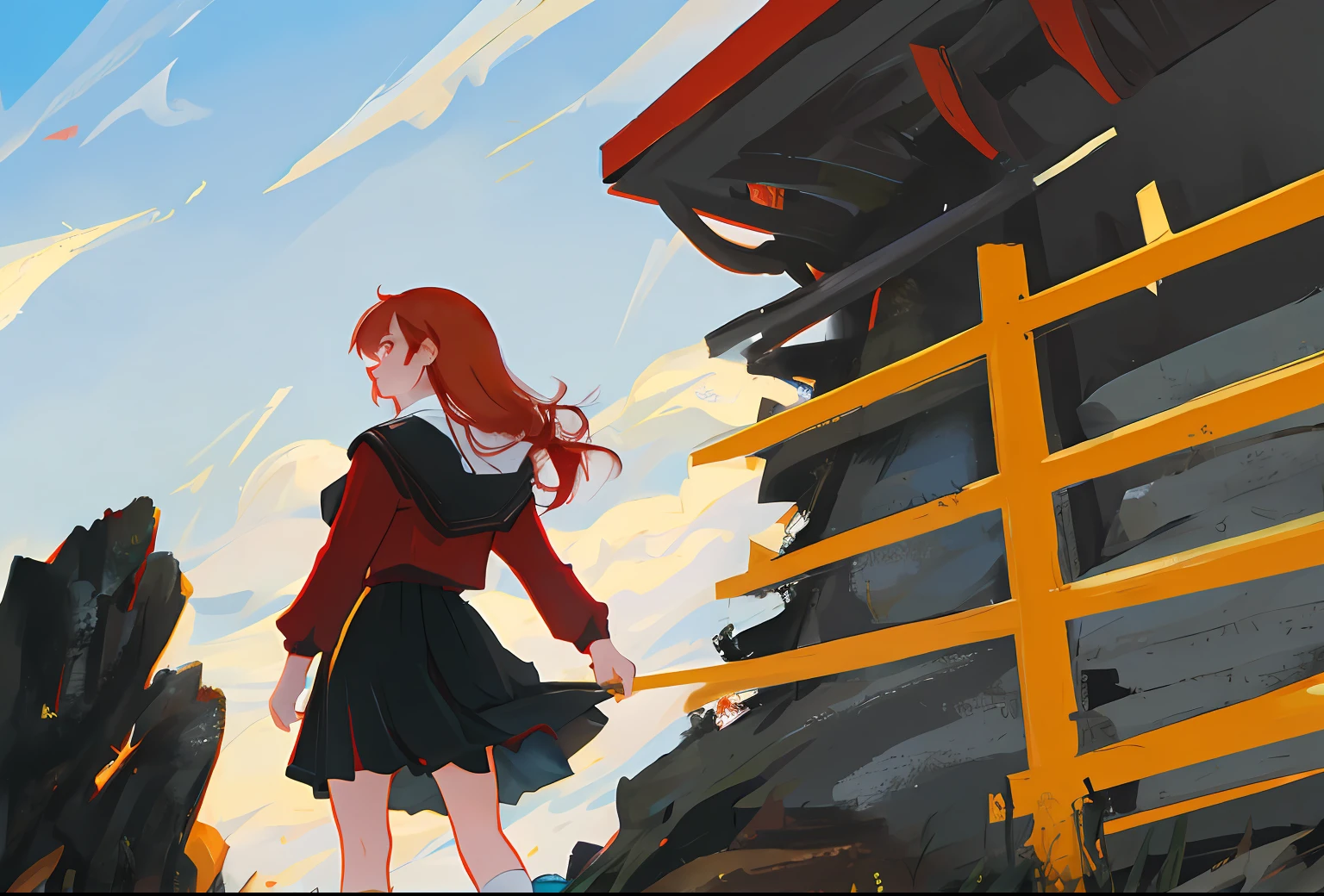 Red-haired girl standing on top of a hill,a black skirt,Dress