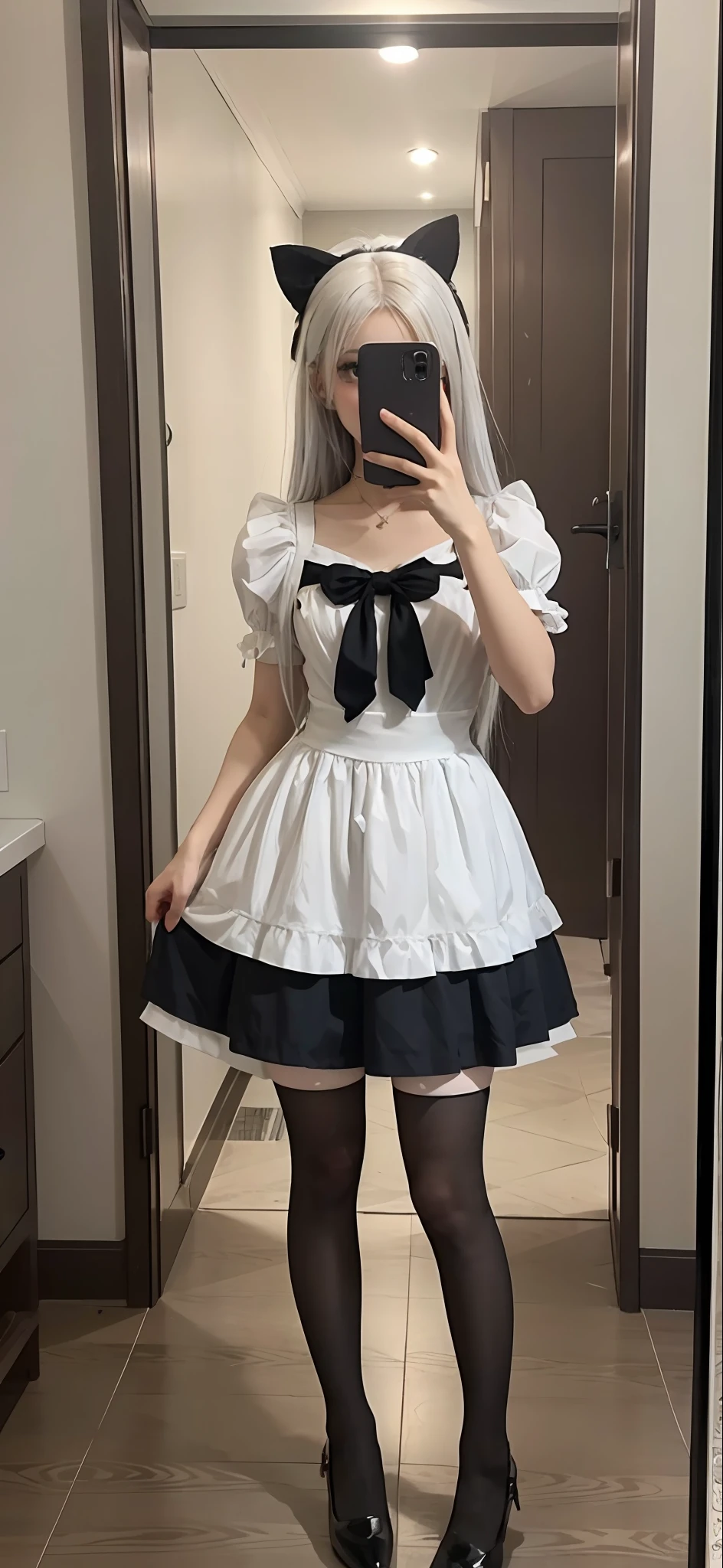 A close-up of a person taking a selfie in the mirror of a person in a dress, Anime girl cosplay, Anime girl in real life, as an anime character, dressed as schoolgirl, anime-inspired, cabelos preto e longos, cosplay of a catboy! maid! dress, Anime cosplay, loli in dress, small curvaceous loli, Perfect white haired girl
