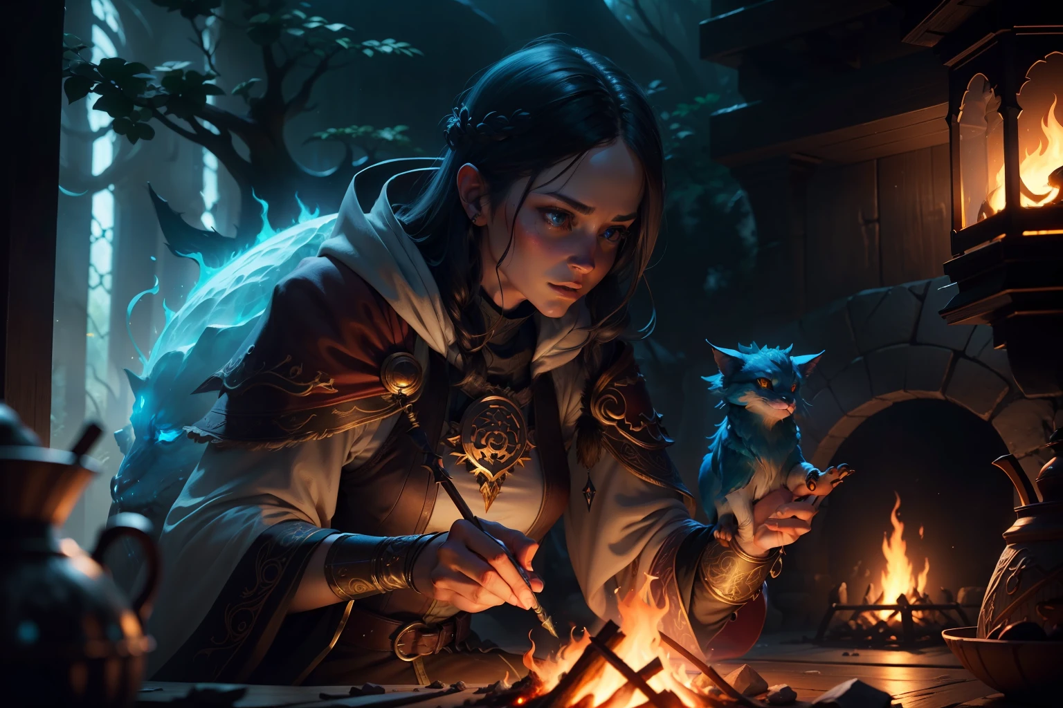 Dangerous, yet mysterious mythical creatures gathering by the fire at full moon, , mysterious, detailed, vibrant, highly detailed, dynamic pose, colourful, Smooth, organic tracery, perfect composition, sharp focus, pixar, nvdia ray tracing, cgsociety, elemental, polished, beautiful d&d character portrait, colorful fantasy, detailed, realistic face, fiverr dnd character, wlop, artstation, hd, octane render, hyperrealism, thewanderer2813, flickering light