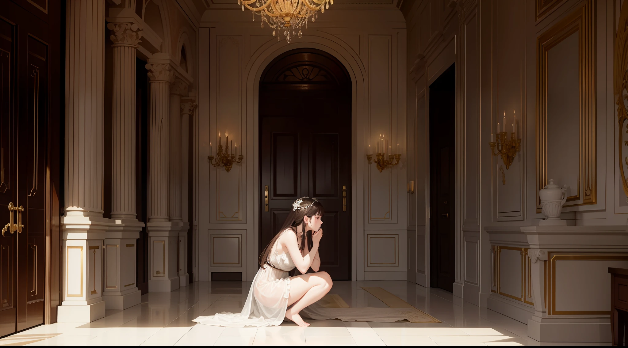 Delicate beauties in rags kneel in the luxurious villa hall，The scene is poignant