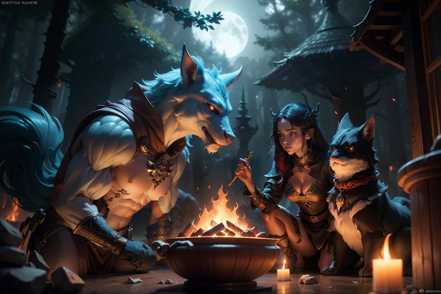 Dangerous, yet mysterious mythical creatures gathering by the fire at full moon, , mysterious, detailed, vibrant, highly detailed, dynamic pose, colourful, Smooth, organic tracery, perfect composition, sharp focus, pixar, nvdia ray tracing, cgsociety, elemental, polished, beautiful d&d character portrait, colorful fantasy, detailed, realistic face, fiverr dnd character, wlop, artstation, hd, octane render, hyperrealism, thewanderer2813, flickering light