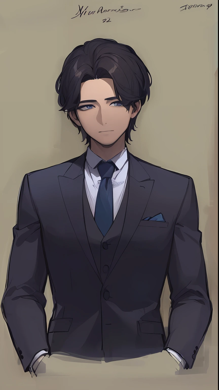 ((Masterpiece))), (((Best Quality))), ((Ultra-detailed)), (very detailed illustration), cinematiclight,, 1 guy  ((Character Sheet)), (Concept art), ((full - body)), (Masterpiece: 1.2), (Best Quality: 1.3), 1 guy standing Guy in a formal suit . Dark hair, blue eyes