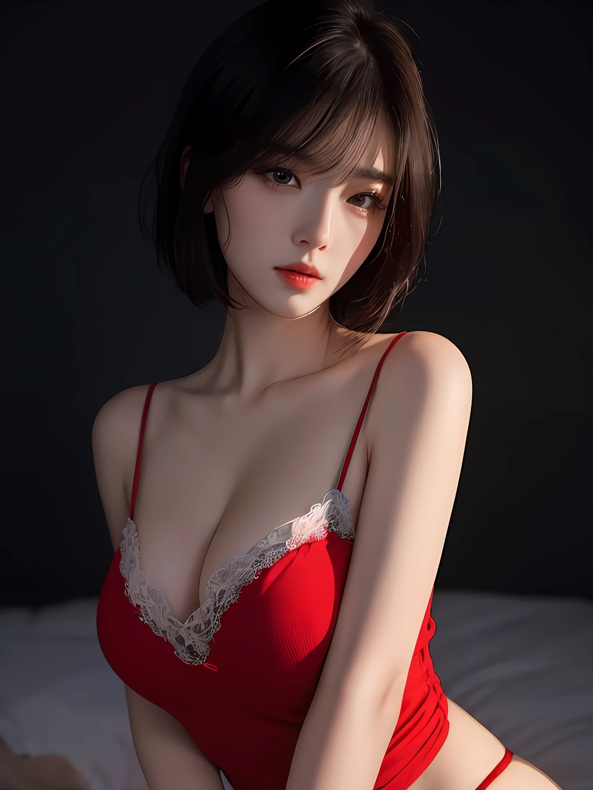 best qualtiy, tmasterpiece, 超高分辨率, (realisticlying:1.5), RAW photogr, 1girll, bshoulders, in the darkness nigth, deep shading, low tune, cold light, Sexy look, short detailed hair,Pretty big breasts