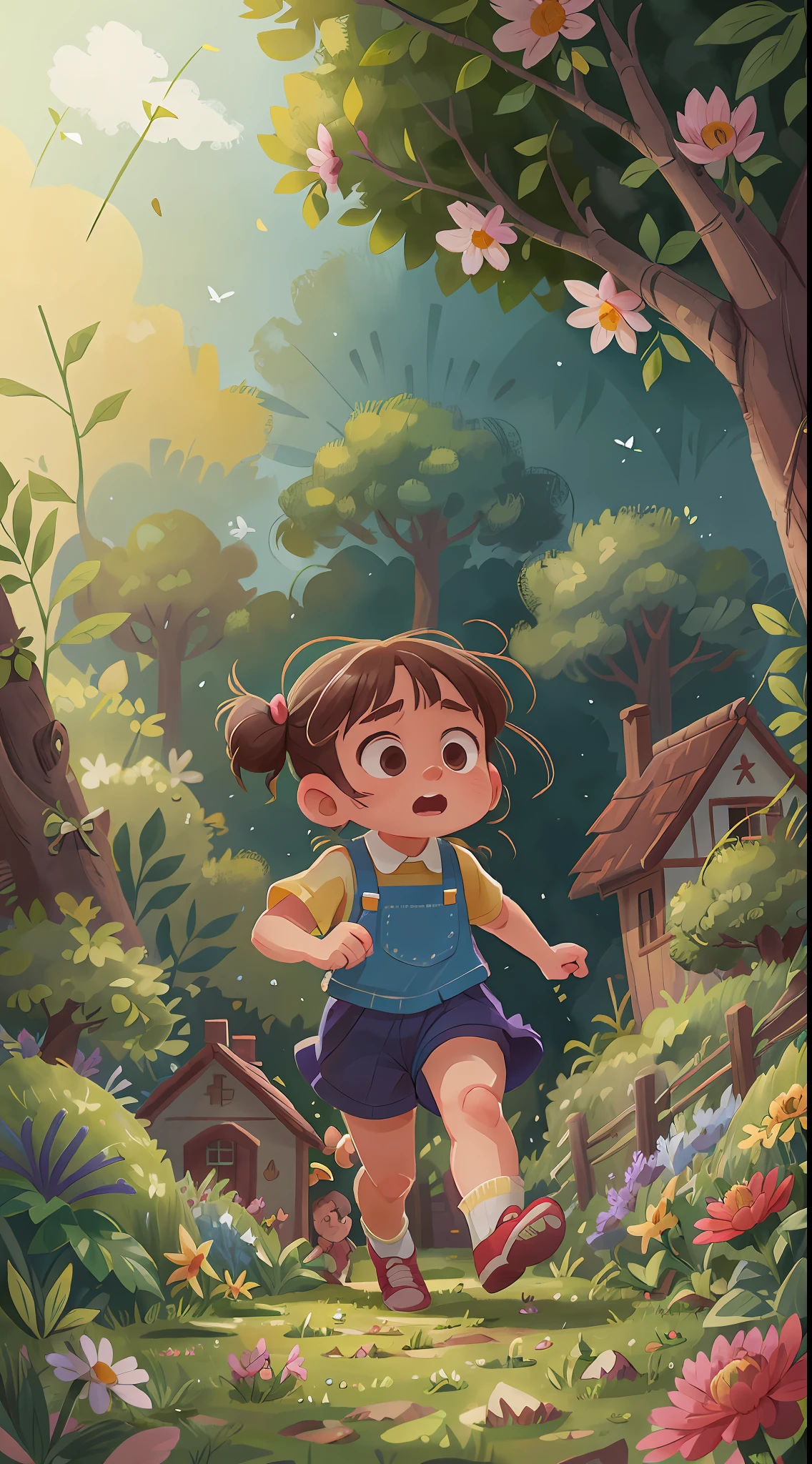 A 6--old l is running in a garden, she is wearing gardener's clothes, is scared, scared, perfect quality, clear focus (mess - house: 0.8), (masterpiece: 1.2) (Realistic: 1.2) (Bokeh) (Best quality) (Detailed Skin: 1.3) (Intricate Details) (8K) (Eye Detail) (Sharp Focus), (Unhappy)