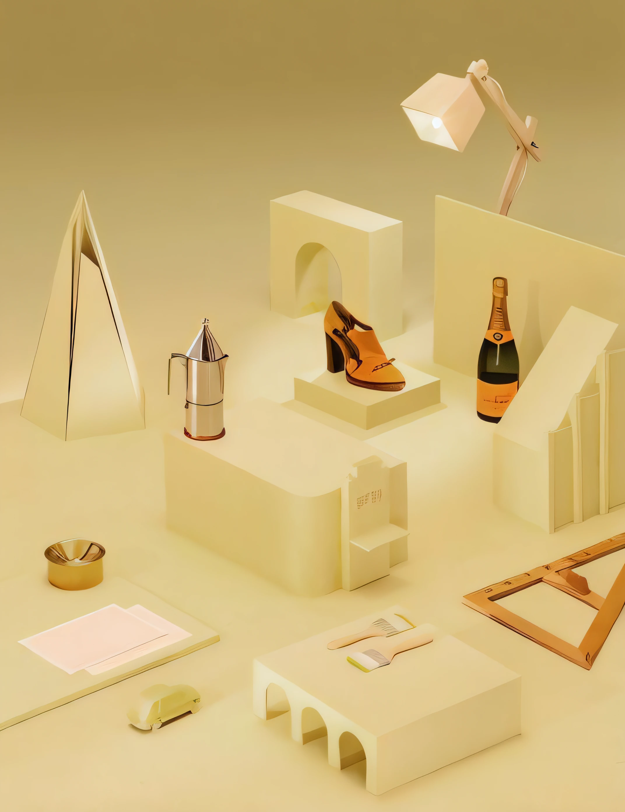 Image of Aalfed of a table with a lamp, A bottle of wine, A pair of shoes, a pair of sandals, A pair of shoes, A, author：Joop Sanders, in style of marcel duchamp, inspired by Mike Winkelmann, inspired by Évariste Vital Luminais, hermes ad, author：Lubin Baukin, inspired by Herbert Bayer