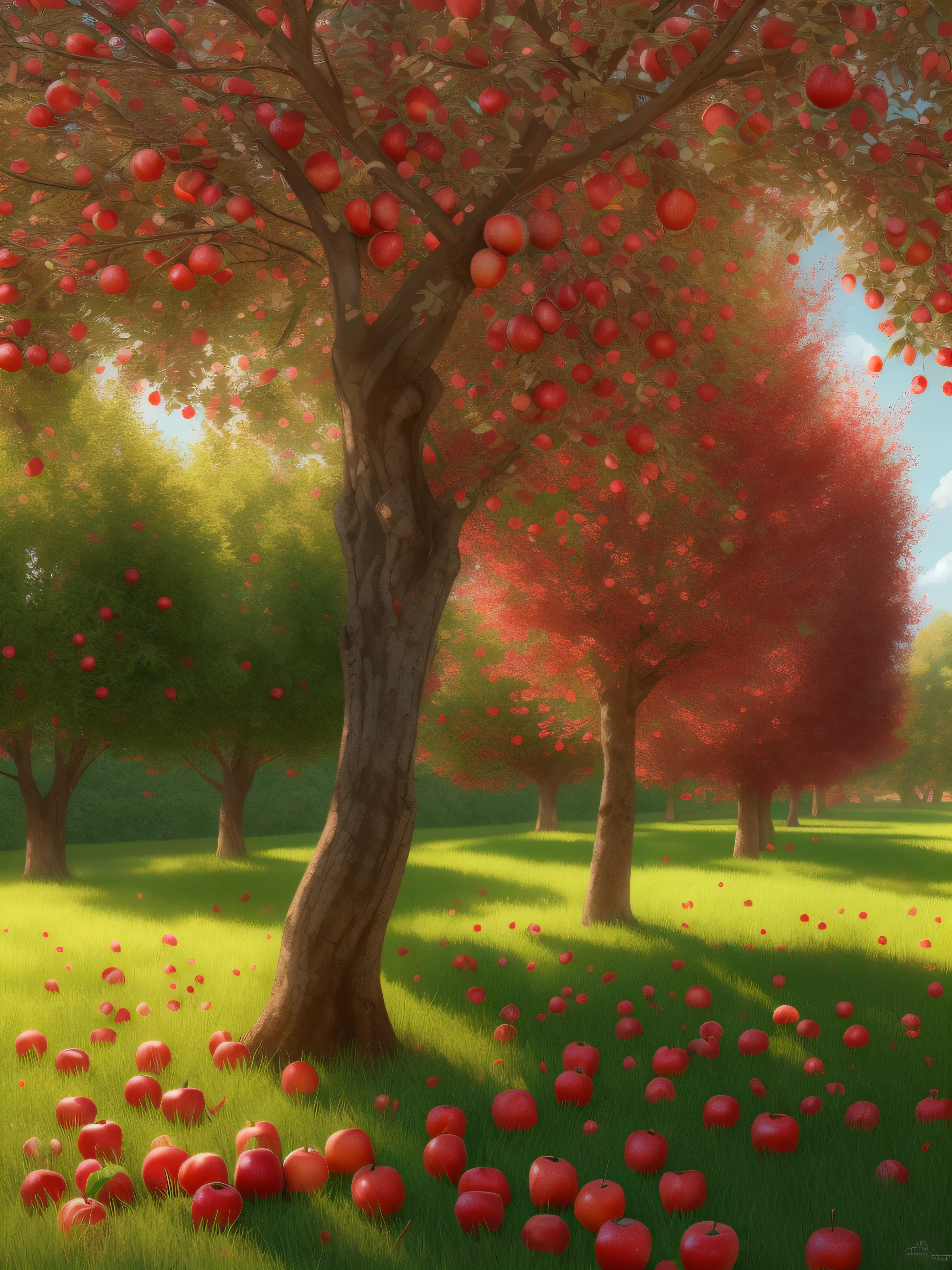 full shot, picturesque lawn and columnar apple tree all covered with ripe red apples under the apple tree many apples on green grass, bright sun rays shine from above left, super high quality, super high detail, super sharp focus,training in artstation, greg rutkowski style,hyperphotorealism