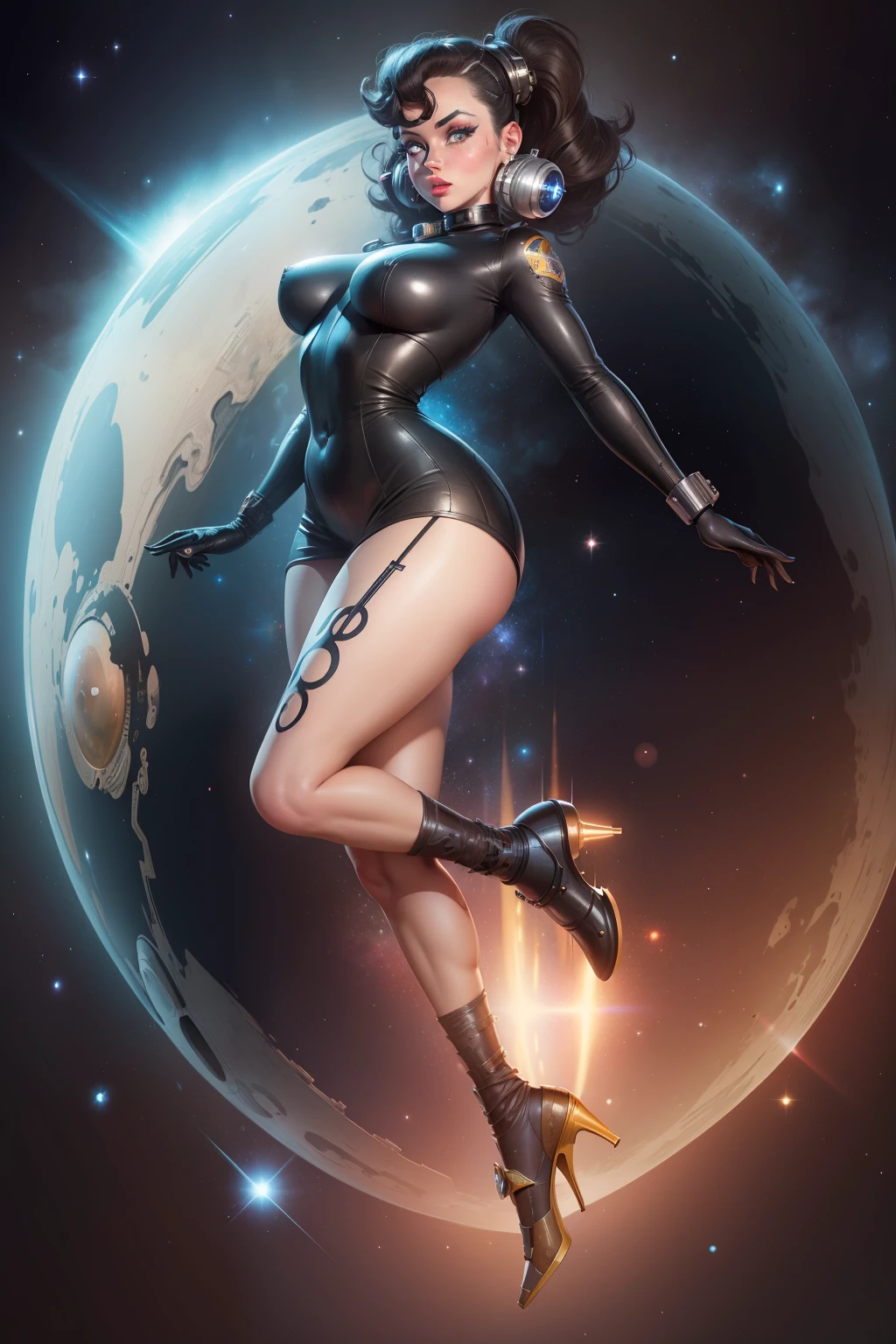 1950's space pinup girl proportional eyes, (realistic:1.5),photorealistic, hyper realistic, (extremely detailed eyes), hyper detailed, soft lighting, (detailed background), extreme detail background, sharp details, ((full body)), female
