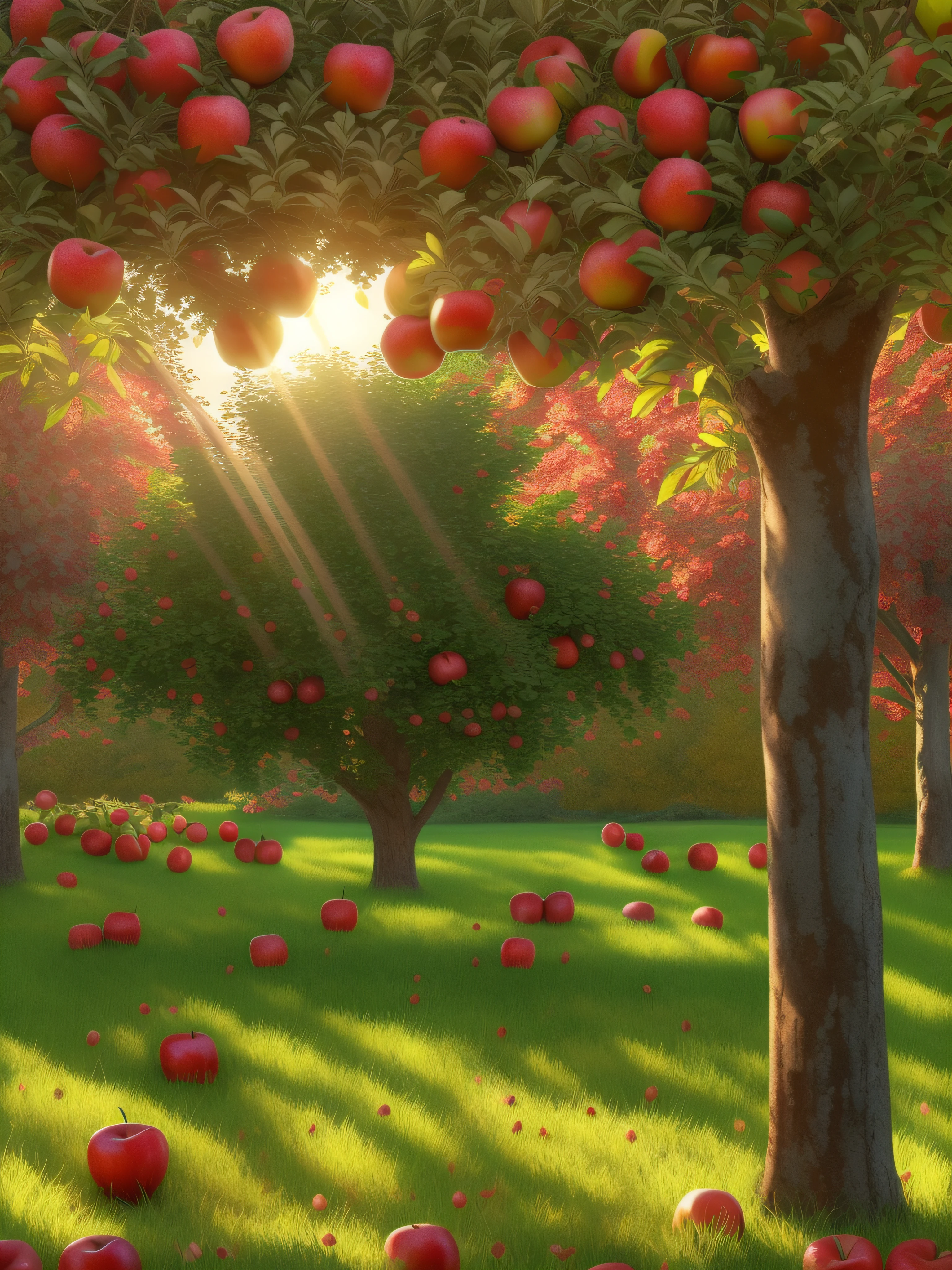 full shot, picturesque lawn and columnar apple tree all covered with ripe red apples under the apple tree many apples on green grass, bright sun rays shine from above left, super high quality, super high detail, super sharp focus,training in artstation, greg rutkowski style,hyperphotorealism