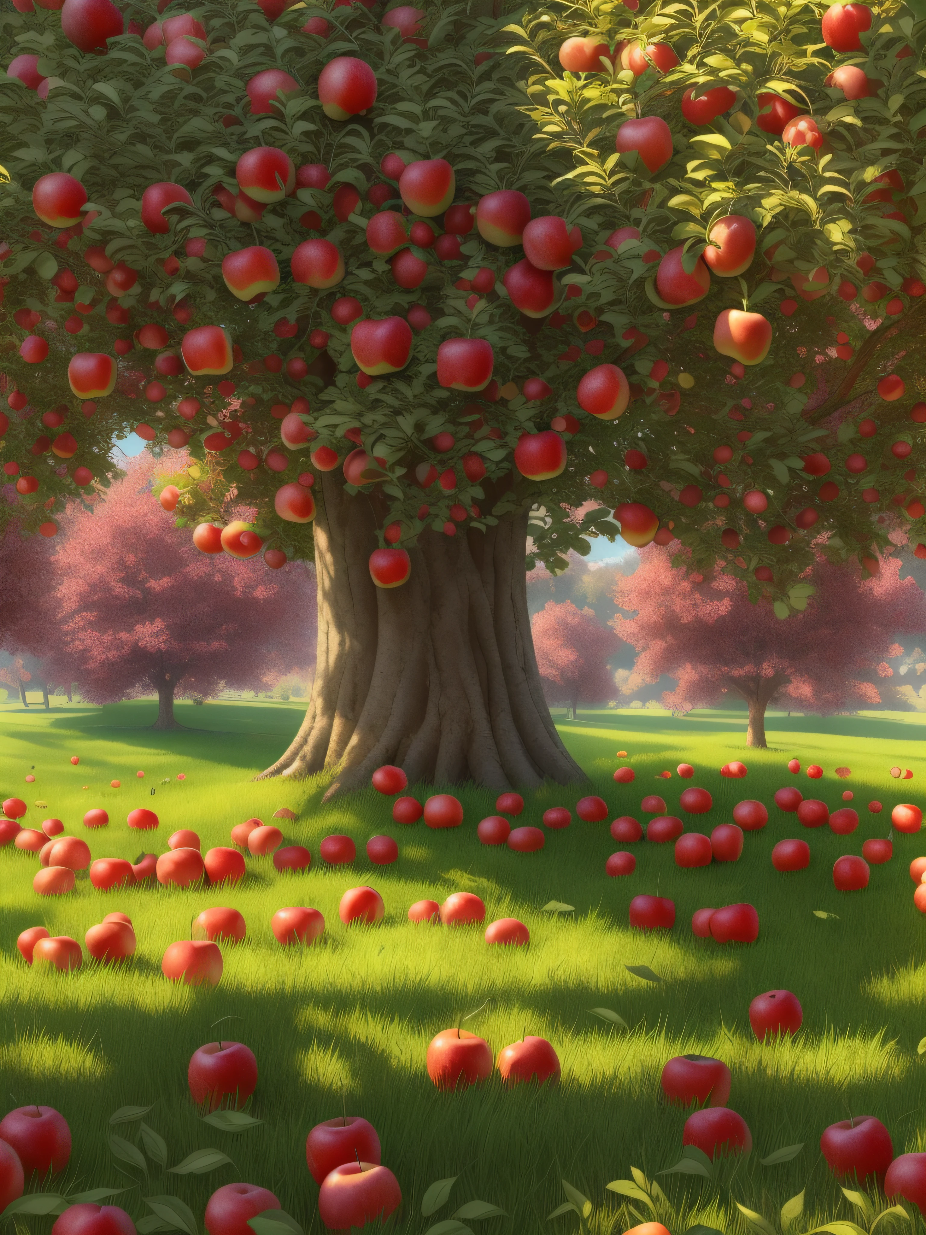 full shot, picturesque lawn and columnar apple tree all covered with ripe red apples under the apple tree many apples on green grass, bright sun rays shine from above left, super high quality, super high detail, super sharp focus,training in artstation, greg rutkowski style,hyperphotorealism