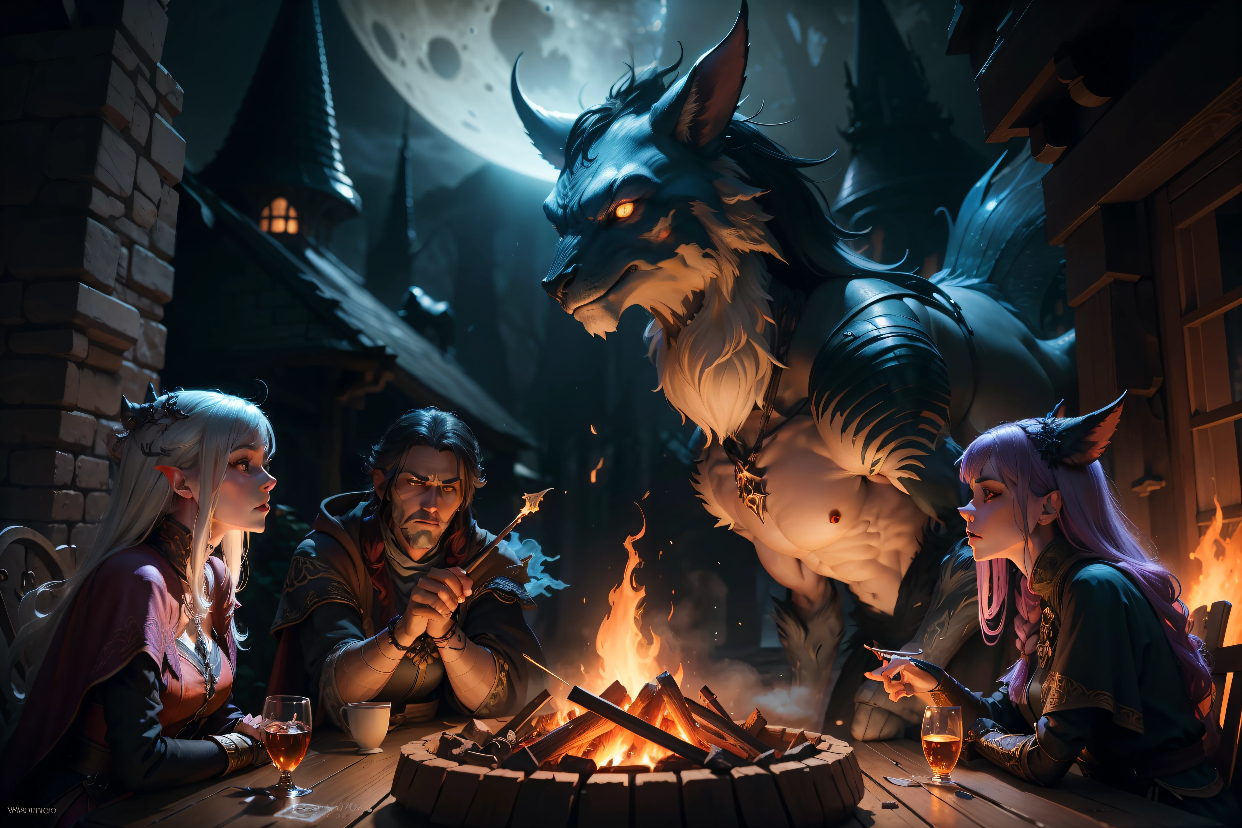 Dangerous, yet mysterious mythical creatures gathering by the fire at full moon, , mysterious, detailed, vibrant, highly detailed, dynamic pose, colourful, Smooth, organic tracery, perfect composition, sharp focus, pixar, nvdia ray tracing, cgsociety, elemental, polished, beautiful d&d character portrait, colorful fantasy, detailed, realistic face, fiverr dnd character, wlop, artstation, hd, octane render, hyperrealism, thewanderer2813, flickering light