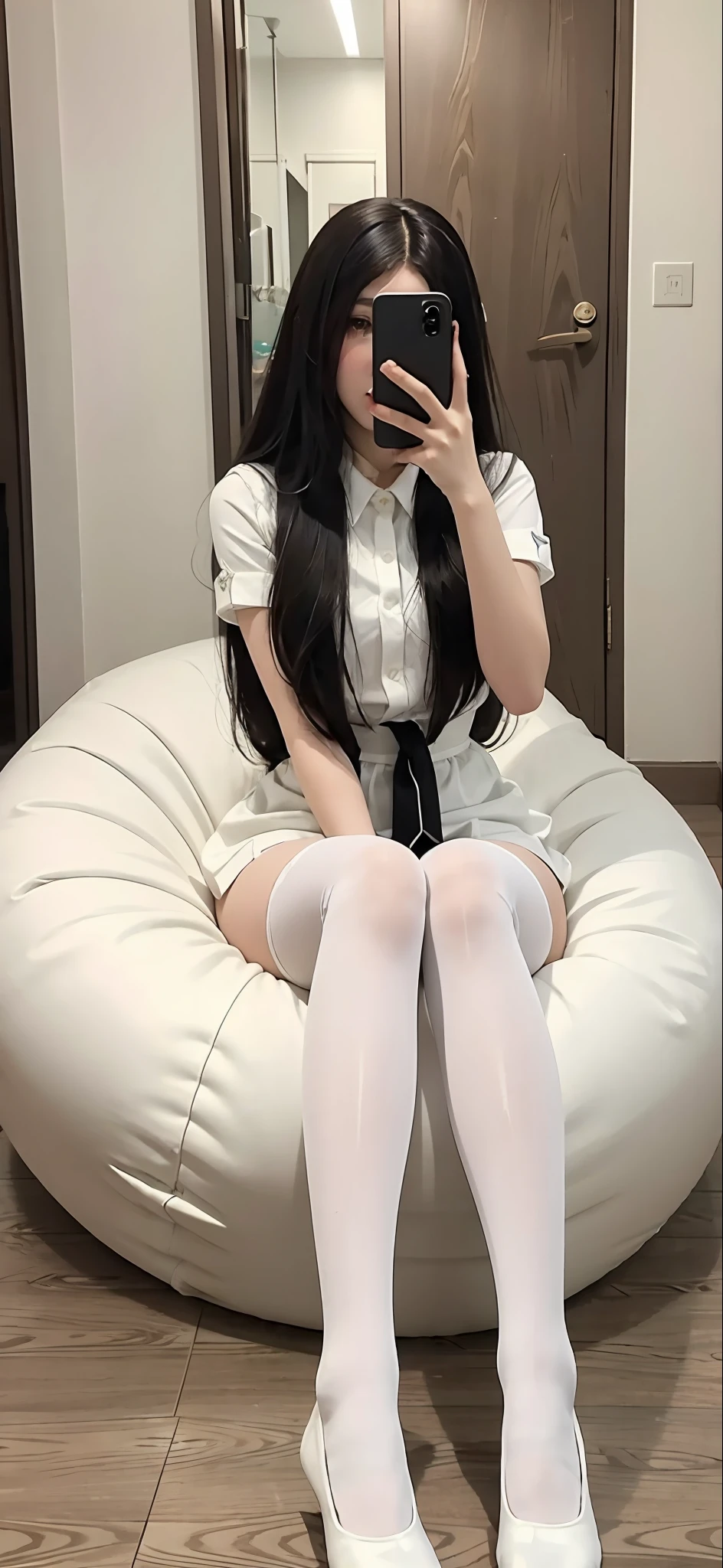 Arakfi sat on the bean bag,Take a selfie in the mirror with your phone in hand, Full length and white stockings, anime barbie in white stockings, Stockings, White stockings, No shoes on the thighs, white with black spots, Wearing white tights, thighs high socks, White tights, wearing in stocking, Beautiful arms and legs, Wearing stockings, close-up on legs