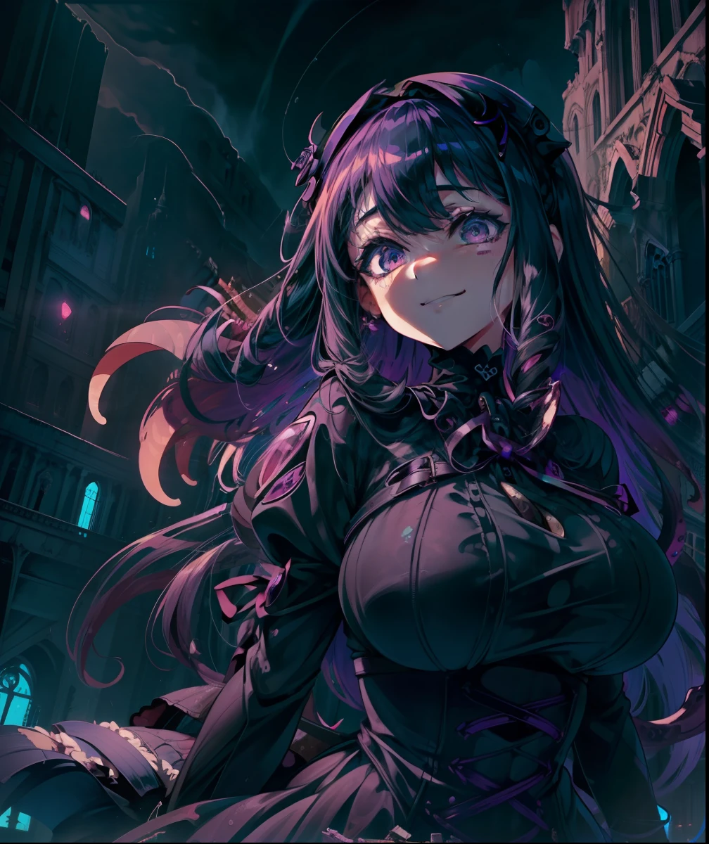 A huge beautiful girl is looking down at us from the top of a building. A girl leans out from the roof of a building. The girl is wearing a purple gothic lolita style dress. The girl has a young atmosphere. Her eyes are huge. She is smiling. Wriggling tentacles. The building is an abandoned church. A cliff. The sea.