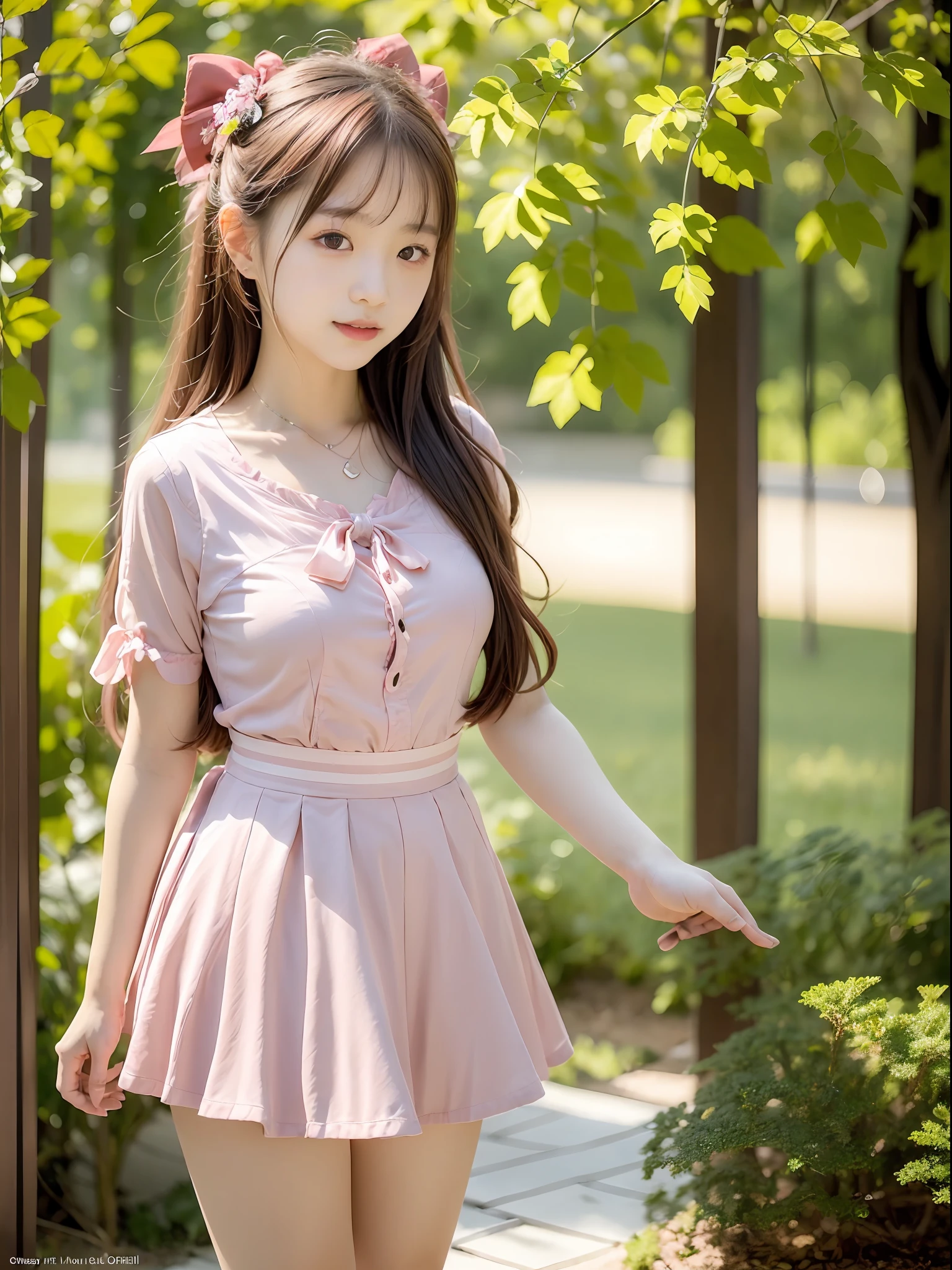 kawaii、One girl of about 17 years old、japanes、a picture、quality、Short sleeve pink blouse、bow ribbon、Red ruffled skirt、Long hair with pink hair、bow ribbon、A slender、a park