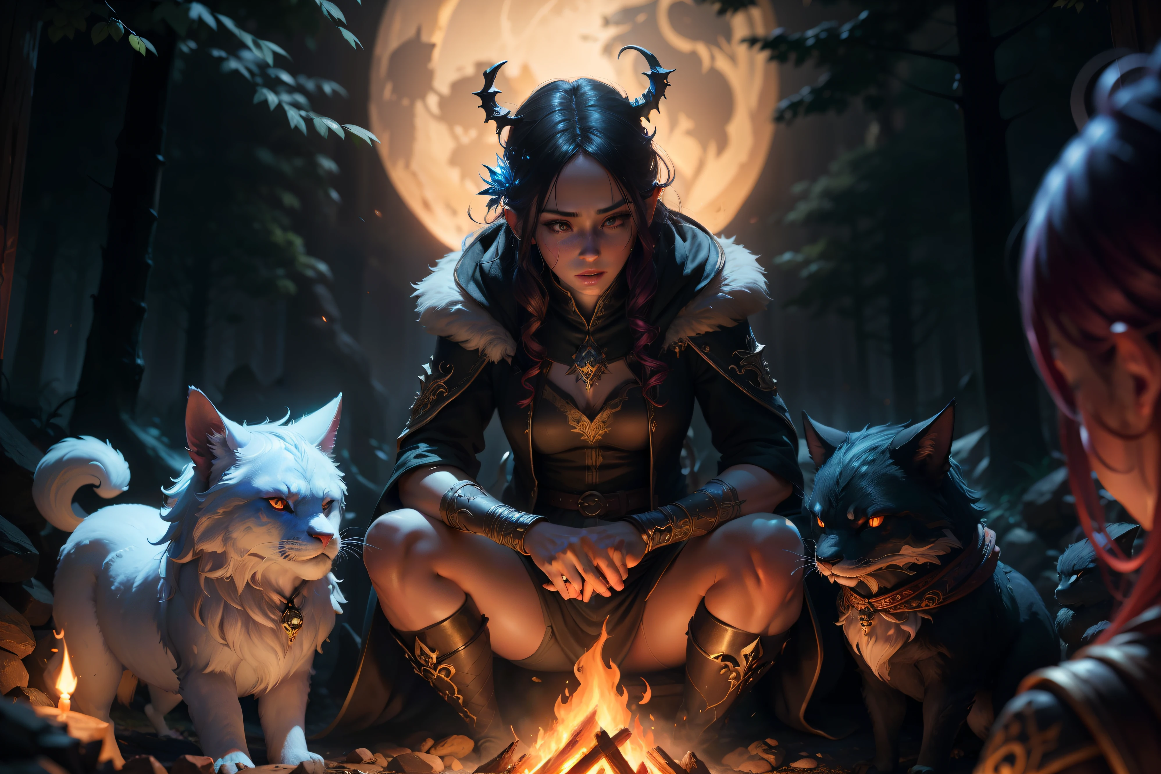Dangerous, yet mysterious mythical creatures gathering by the fire at full moon, , mysterious, detailed, vibrant, highly detailed, dynamic pose, colourful, Smooth, organic tracery, perfect composition, sharp focus, pixar, nvdia ray tracing, cgsociety, elemental, polished, beautiful d&d character portrait, colorful fantasy, detailed, realistic face, fiverr dnd character, wlop, artstation, hd, octane render, hyperrealism, thewanderer2813, flickering light