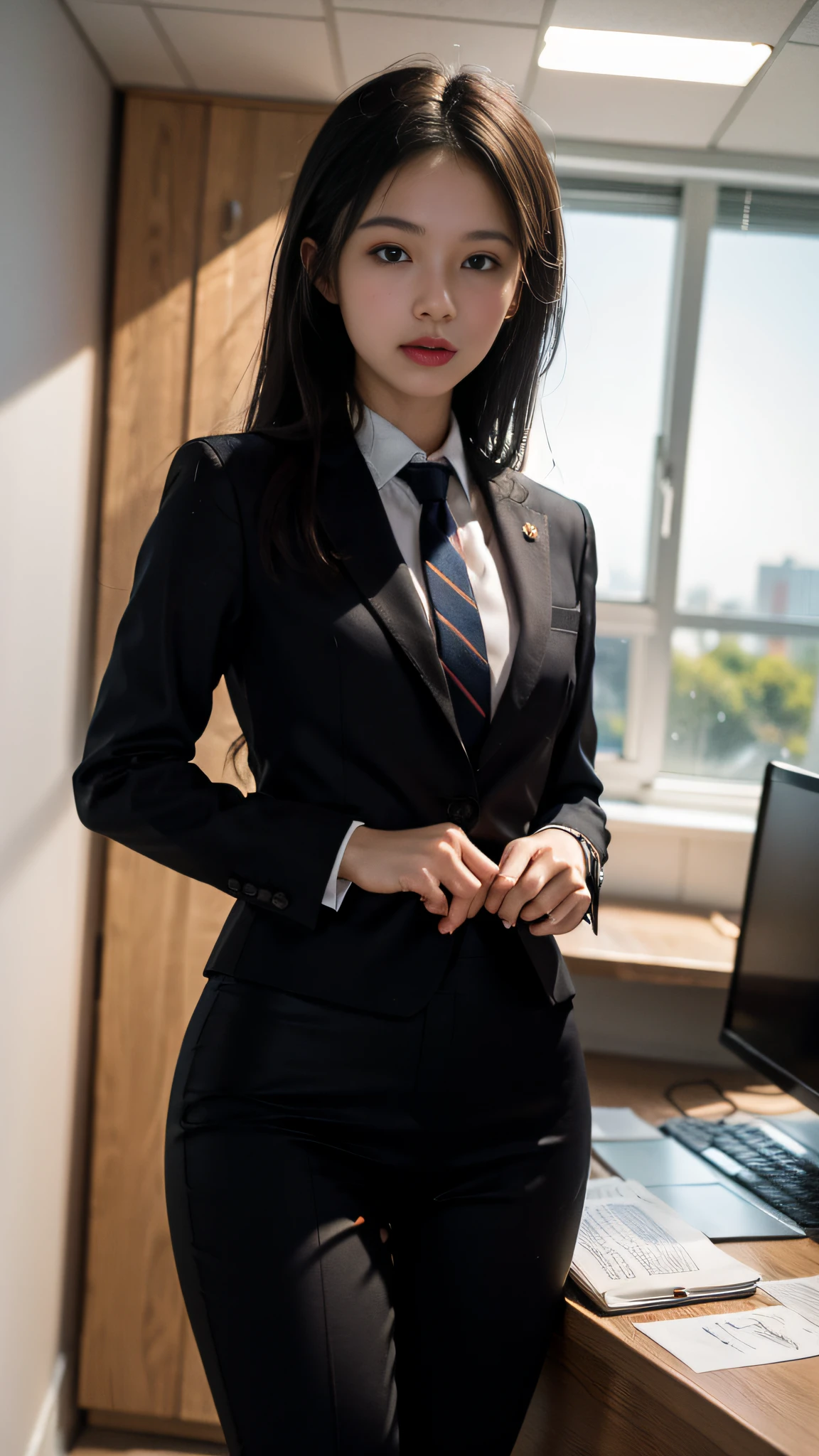 （tmasterpiece，best qualtiy，The is very detailed，8K，Wallpapers，Hyper-detailing），（RAW photos：1.2），
1girll， 独奏，Inside the President's Office， small heads， black long pants， pencil skirts， Business suit，Stand at a premium desk，office backdrop