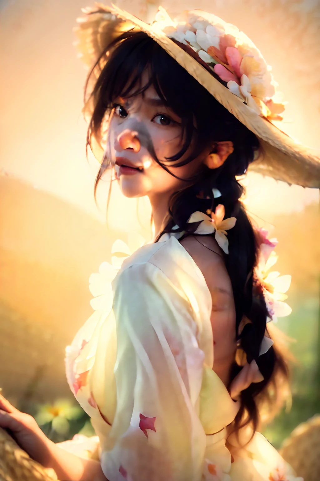 (extreme close up:1.5), (face focus:2),(Style of ???? ???:1.5),
((side face:2)),(1girl surrounded by soft_light:1.5), (backlighting:1.8), (lighting),(flowing fabric:1.3), ((Floral_summer_dress:1.5),(Straw_hat:1.3)),
(masterpiece), realistic, HDR, highly detailed, 8k, raw photo,
ambient occlusion, natural, harmonious composition, warm tones, fine art photography,