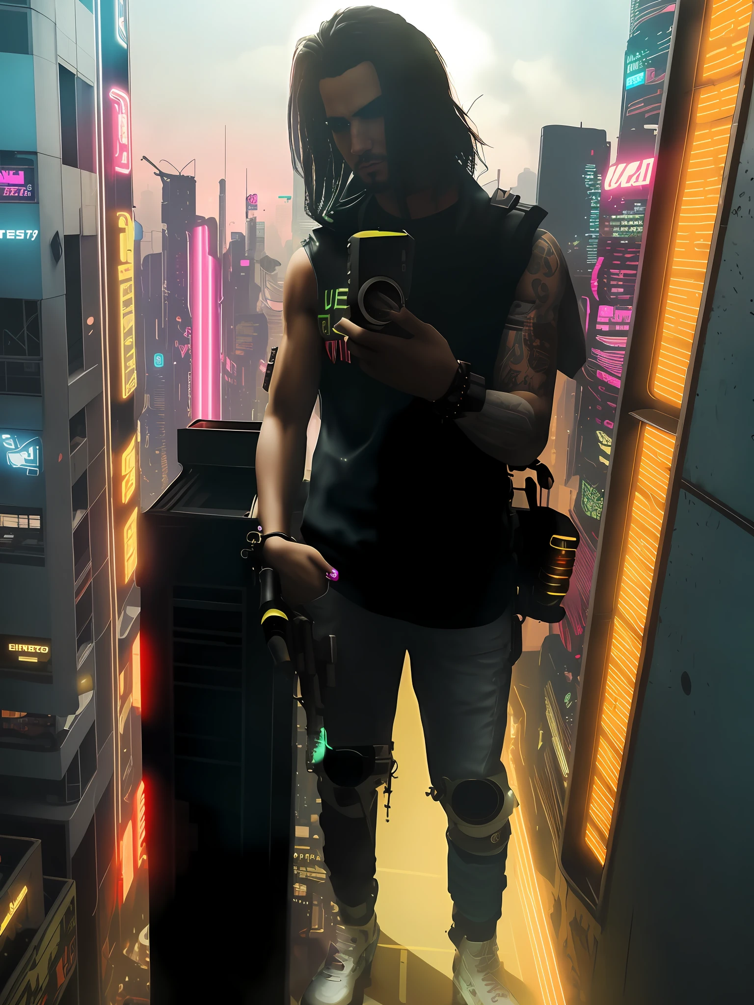 There's a man standing in a room with a camera, en un entorno cyberpunk, en Cyberpunk City, en una ciudad cyberpunk, en una ciudad cyberpunk futurista, en una ciudad cyberpunk, en estilo cyberpunk, en una ciudad cyberpunk, Chico cyberpunk, Estilo cyberpunk , Hiperrealista, Ambiente cyberpunk, En Cyberpunk City, Estilo cyberpunk hiperrealista, In cyberpunk aesthetics, Foto cyberpunk