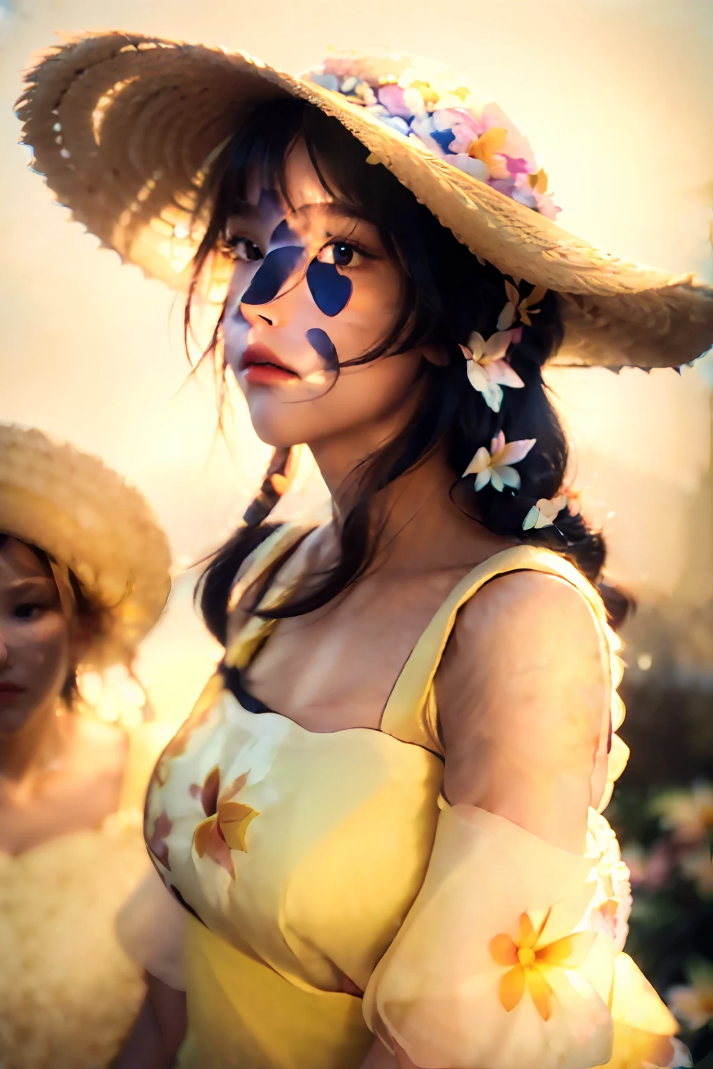 (extreme close up:1.5), (face focus:2),(Style of ???? ???:1.5),
((side face:2)),(1girl surrounded by soft_light:1.5), (backlighting:1.8), (lighting),(flowing fabric:1.3), ((Floral_summer_dress:1.5),(Straw_hat:1.3)),
(masterpiece), realistic, HDR, highly detailed, 8k, raw photo,
ambient occlusion, natural, harmonious composition, warm tones, fine art photography,