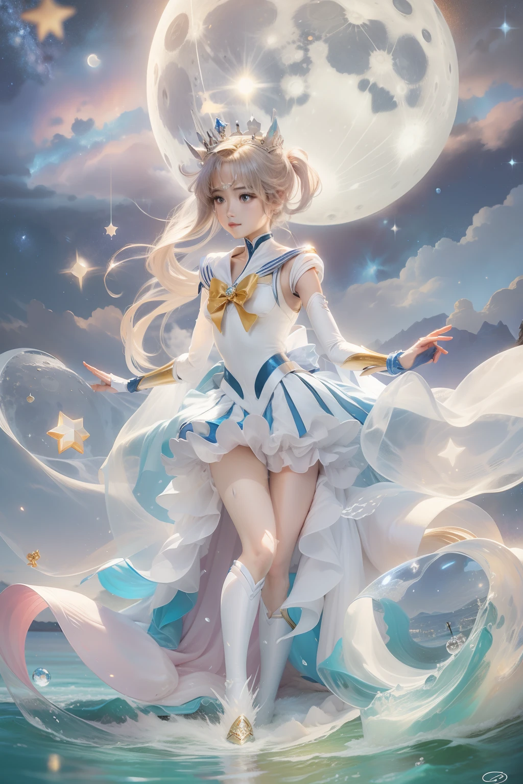 Water Ice Moon,Moon Castle,A princess,Crystal Crown,Beautiful,Milky Way Starry Sky,the sailor moon。