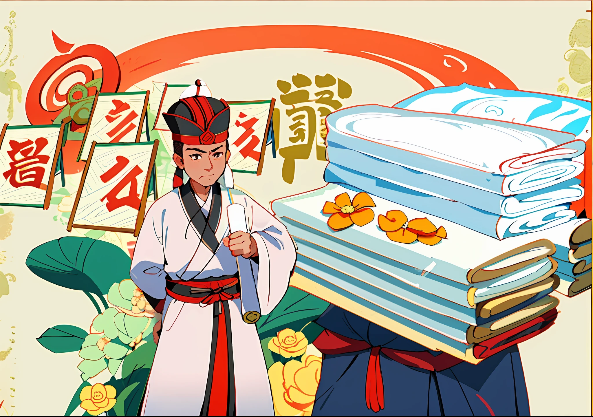 There was a man holding a white towel, flaunting his wealth, Taoist, inspired by Dong Yuan, Wearing ancient Chinese clothes, chinese three kingdoms, Inspired by Seki Dosheng, selling his wares, by Xuande Emperor, from three kingdoms, bian lian, confucius and jury trial, inspired by Emperor Huizong of Song