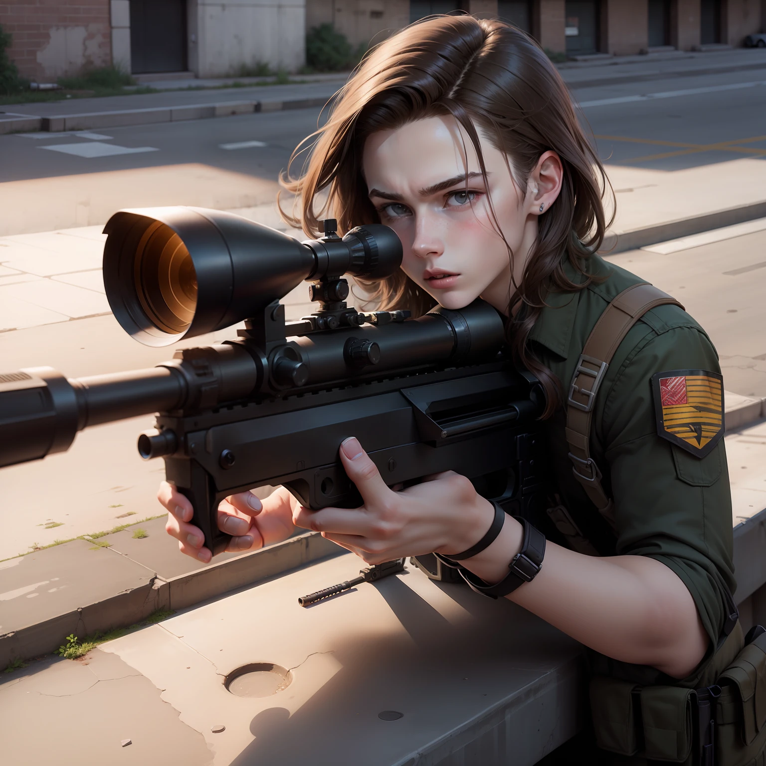 Teenage pale Caucasian boy, brunette with shoulder length hair, shooting sniper gun on concrete roof, realism, wearing suit