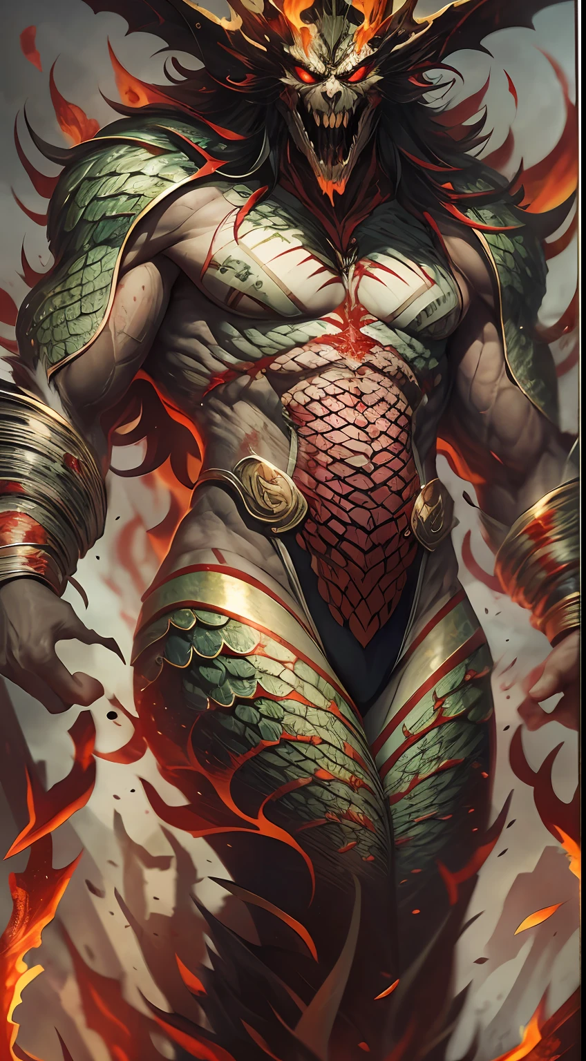 （A messenger of hell covered in scales：1.4），The whole body was wrapped in fiery red flames，The long hairs of the flame fluttered in the wind，（（Super huge, Thick and sharp giant claws）），（The whole body is covered with black scales：1.5），The scales are covered with thick barbs，Super thick and terrifying scales，Reflective scales，Bloodthirsty and murderous devil man，（combats：1.4），Ugly face，closeup cleavage，Lightning streaked across the sky，A tumbling thick sea of clouds is at your feet，（blood pond），（（Blood dripped from between the paws）），（stereoscopic perspective：1.4），Works of masters，super-fine，4K分辨率，high qulity，电影灯光，High picture detail，Detailed pubic hair，Epic shooting