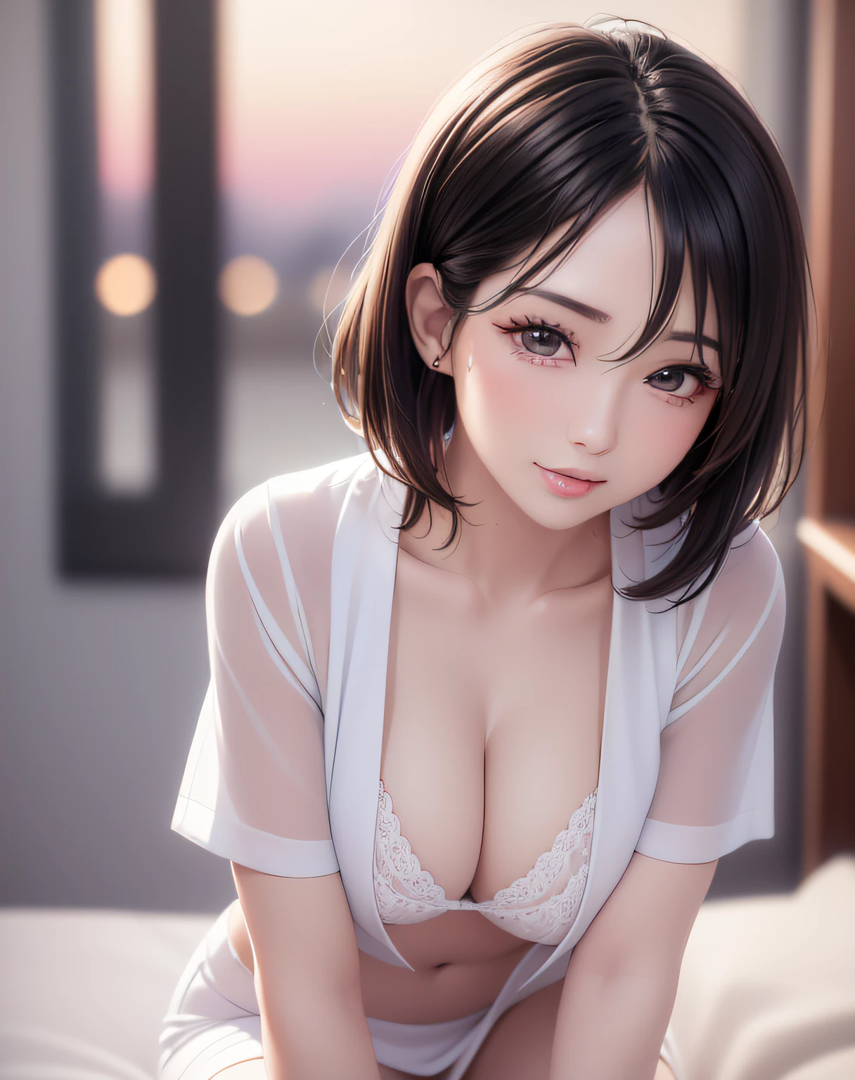 photo realistic, anime style, (8k, RAW photo, best quality, masterpiece:1.2), High detail RAW color photo, professional photograph, cowboy shot, (realistic, photo realistic:1.37),cinematic light, (finery detailed face:1.2), cowboy shot, thigh 1 girl in bath, 28-38 years old, very cute, very beautiful, photo realistic, event companion, BREAK, white oily skin, real human skin, (detailed face), oval face, pores, round eyes:1.0, ultra high res, BREAK, slim, (medium-large-breast:1.37, cleavage:1.37), (looking straight at viewer with a serene and goddess-like happiness:1.2), (lifter gloss, eyelashes, gloss-face, best quality, ultra highres, Broad lighting, natural shading), (beautiful thin short hair, wavy pony-tail hair style:1.5, shiny-black hair:1.5), BREAK, (esthetician uniform:1.3, white shirt;1.3, open shirt:1.3, magenta-lace-bra:1.3, knee-length satin-pencil-skirt:1.3), BREAK, ((detailed bedroom view:1.3, on bed:1.3, night room:1.5)), ((light smile, open mouth:1.5, humid, in heat, blush, seductive emotion, aroused)), ((from below:1.3, all fours:1.3, kneeling:1.3, hands between legs, leaning forward)), blurry background, bokeh, depth of field, cowboy shot:1.3, centered image,