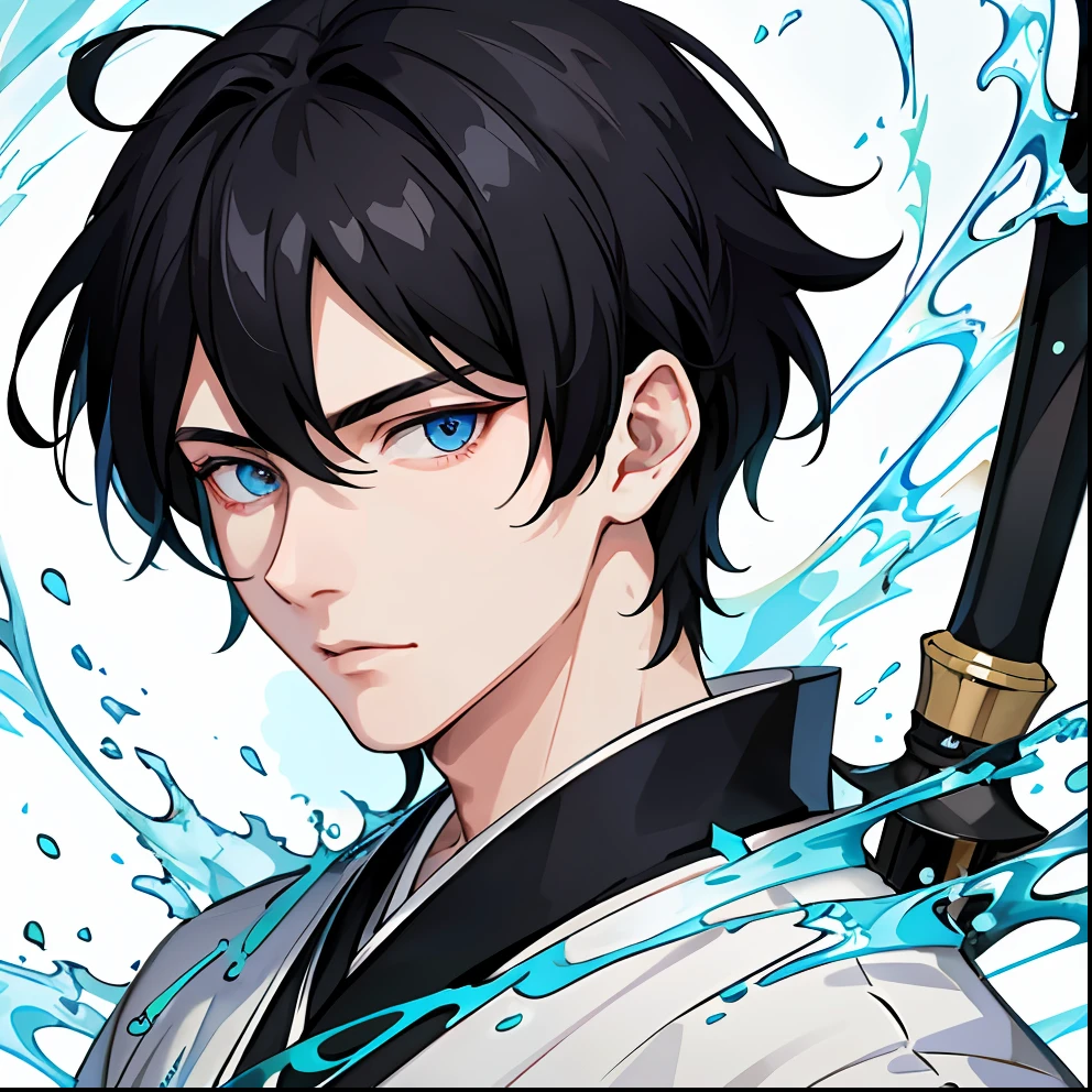((the best ever)), ((top-quality)), Men in kimono, Animated, The upper part of the body_Body, Hair intake, Messy black hair, Beautiful face, Refreshing anime faces with highly detailed details, Blue eyes,flowingwater, Detailed ice, Surreal, Facing the front,I'm holding a sword