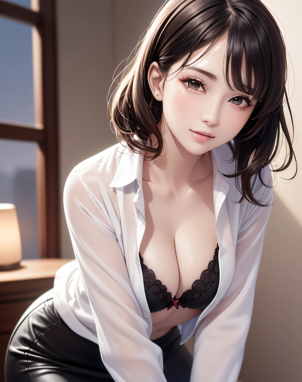 photo realistic, anime style, (8k, RAW photo, best quality, masterpiece:1.2), High detail RAW color photo, professional photograph, cowboy shot, (realistic, photo realistic:1.37),cinematic light, (finery detailed face:1.2), cowboy shot, thigh 1 girl in bath, 28-38 years old, very cute, very beautiful, photo realistic, event companion, BREAK, white oily skin, real human skin, (detailed face), oval face, pores, round eyes:1.0, ultra high res, BREAK, slim, (medium-large-breast:1.37, cleavage:1.37), (looking straight at viewer with a serene and goddess-like happiness:1.2), (lifter gloss, eyelashes, gloss-face, best quality, ultra highres, Broad lighting, natural shading), (beautiful thin short hair, wavy pony-tail hair style:1.5, shiny-black hair:1.5), BREAK, (esthetician uniform:1.3, white shirt;1.3, open shirt:1.3, magenta-lace-bra:1.3, knee-length satin-pencil-skirt:1.3), BREAK, ((detailed bedroom view:1.3, on bed:1.3, night room:1.5)), ((light smile, open mouth:1.5, humid, in heat, blush, seductive emotion, aroused)), ((from below:1.3, all fours:1.3, kneeling:1.3, hands between legs, leaning forward)), blurry background, bokeh, depth of field, cowboy shot:1.3, centered image,