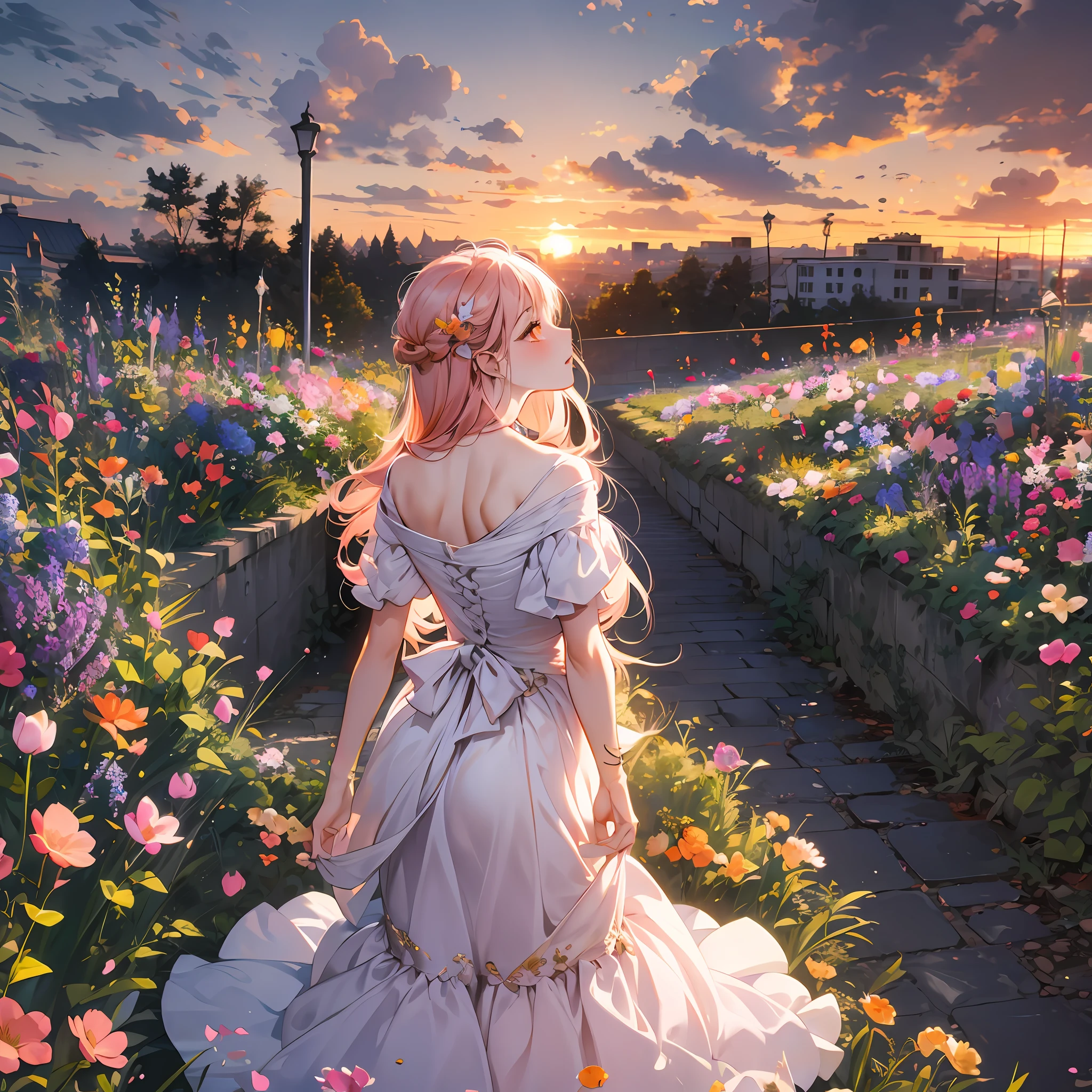 white dress, sunset, among the flowers, woman, flower garden, looking at viewers, from behind, pink hair, long hair, medium shot, hair pins, orange eyes, starled, blush, (orange:1.2),
