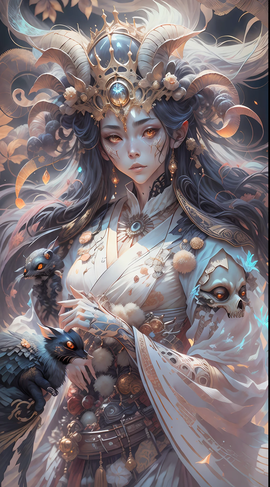 3D young and handsome((Male aristocracy))Close-up - portrait with a crown,Wear a ram skull。Beautiful and complex Japanese crow, Fox mask and breadcrumbs Japanese kimono。a betta fish, jellyfish pheonix, Bio-luminescence, Plasma, icey, Eau, ventania, organism, Wu Ya and WLOP and works by Bippel and Greg Rutkovsky, creature00d, (Amber theme:0.7), mtu, mathematician,