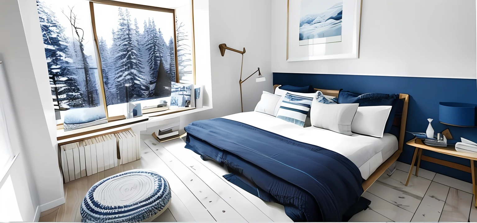 bedroom, nordic style, blue and white