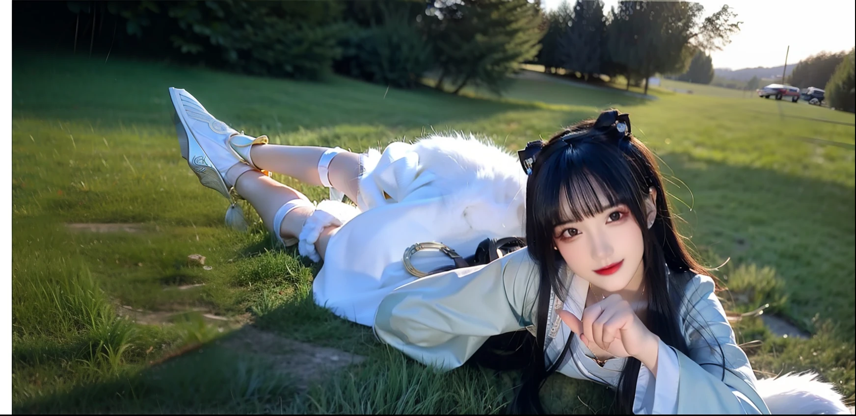 Kizi,exteriors,silber hair,Green grasslands,cinematric light,chase,the setting sun,rays of moonlight,Flashlight