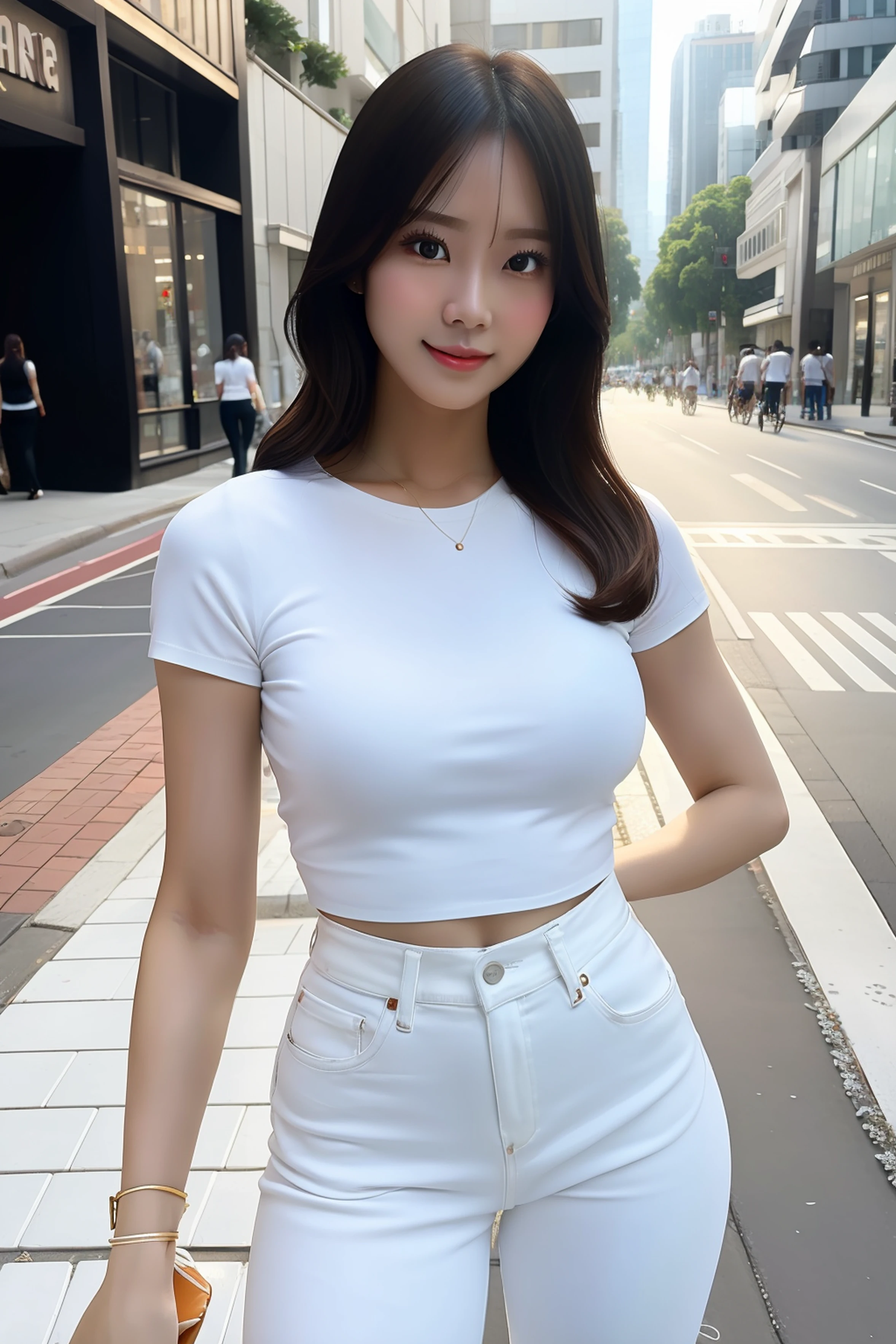 Woman in white jeans and white shirt walking down the street, in a city street, wearing tight shirt, Raised sexy , Tight shirt, in city street, beautiful asian woman, White top, photorealistic perfect body, Beautiful model woman, Beautiful female model, Beautiful woman model, by Raymond Han, cleavage, wearing tight simple clothes, wearing a cute top